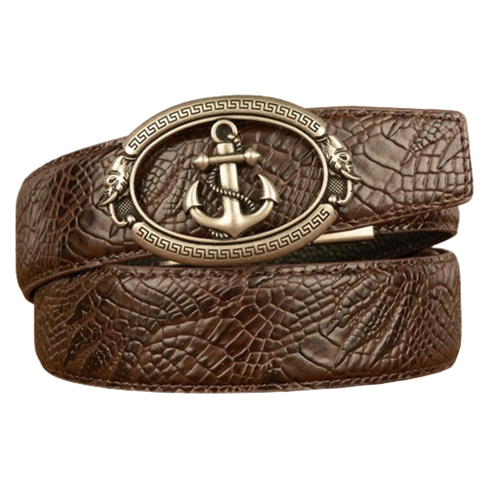 Agutalithic Men's Brown Comfort Ratchet Dress Belt With Carved Silver Hollow Anchor Elephant Head Automatic Click Buckle, 35Mm Wide(110Cm/43, )