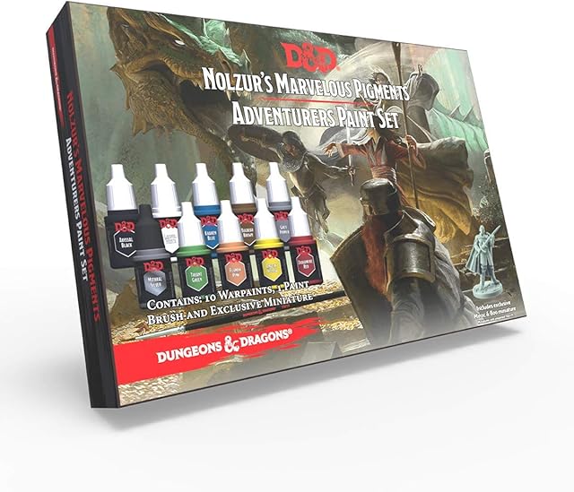 The Army Painter Dungeons and Dragons Nolzur's Marvelous Pigments Adventurers Paint Set, 10 Dropper Bottles of 12 ml Acrylic Paints and 1 Brush, for Miniature Painting, 1 DnD Miniature Included