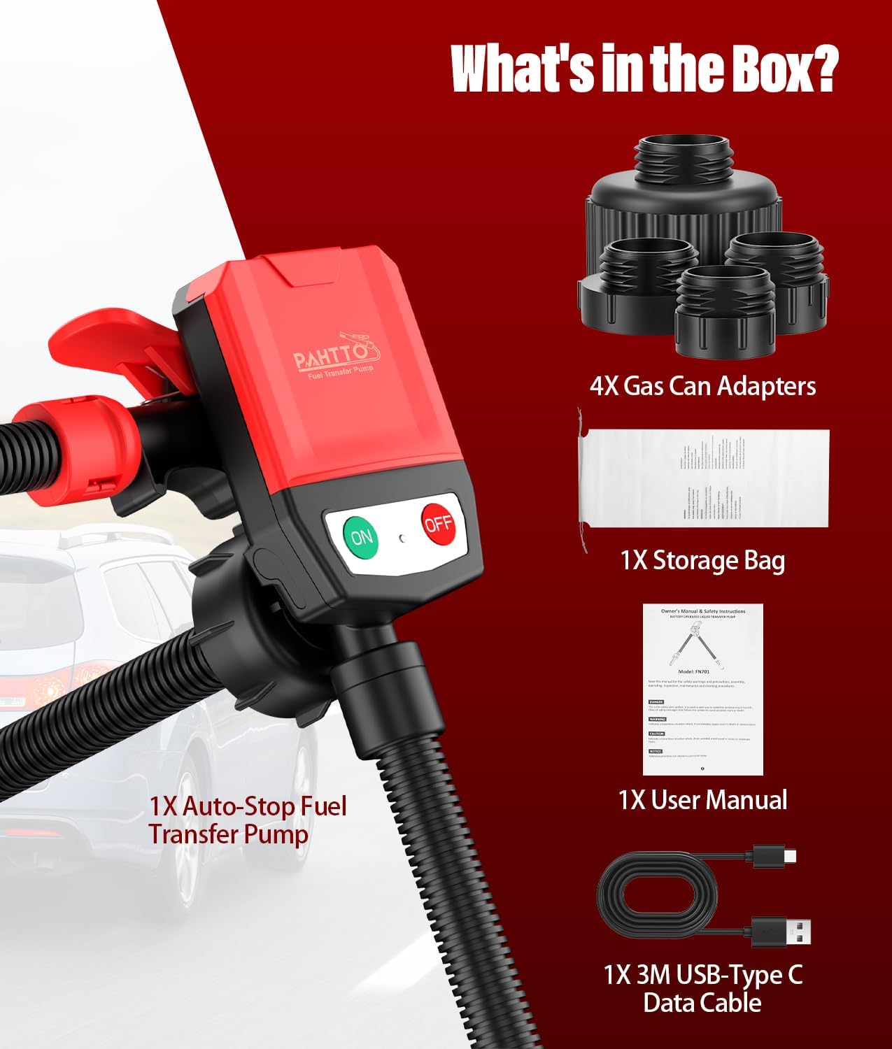 Fuel Transfer Pump with Auto-Stop, 3.8 GPM & 30s Alert Beep, 51'' Overlong Hose Fuel Transfer Pump with 4 Can Adapters, Battery & 3M USB Powered, Fast and Safe Gas Pump for Oil, Diesel and Gasoline