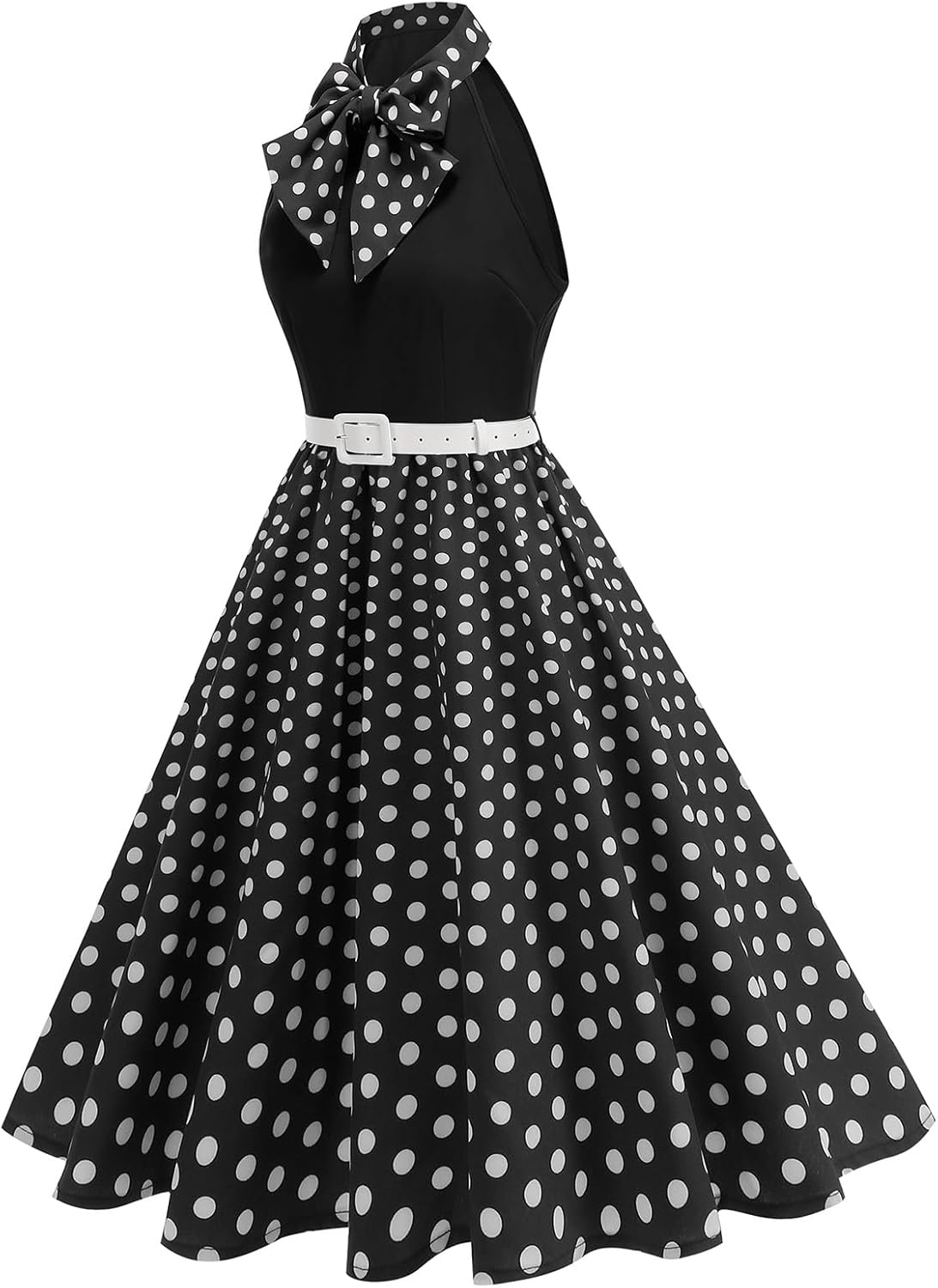 ODIZLI 1950s Dress for Women Retro Sleeveless Tie Neck Polka Dot Swing Dress with Belted Evening Party Cocktail Dresses - Image 2