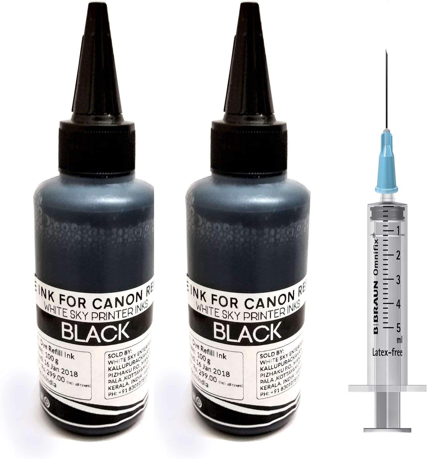 White Sky Compatible Black Refill Ink for Canon Printer Cartridges PG 88, PG 740, PG 745, PG 47, PG 89, PG 810, PG 830, PG 40 (100ml x 2 + 5ml Syringe)
