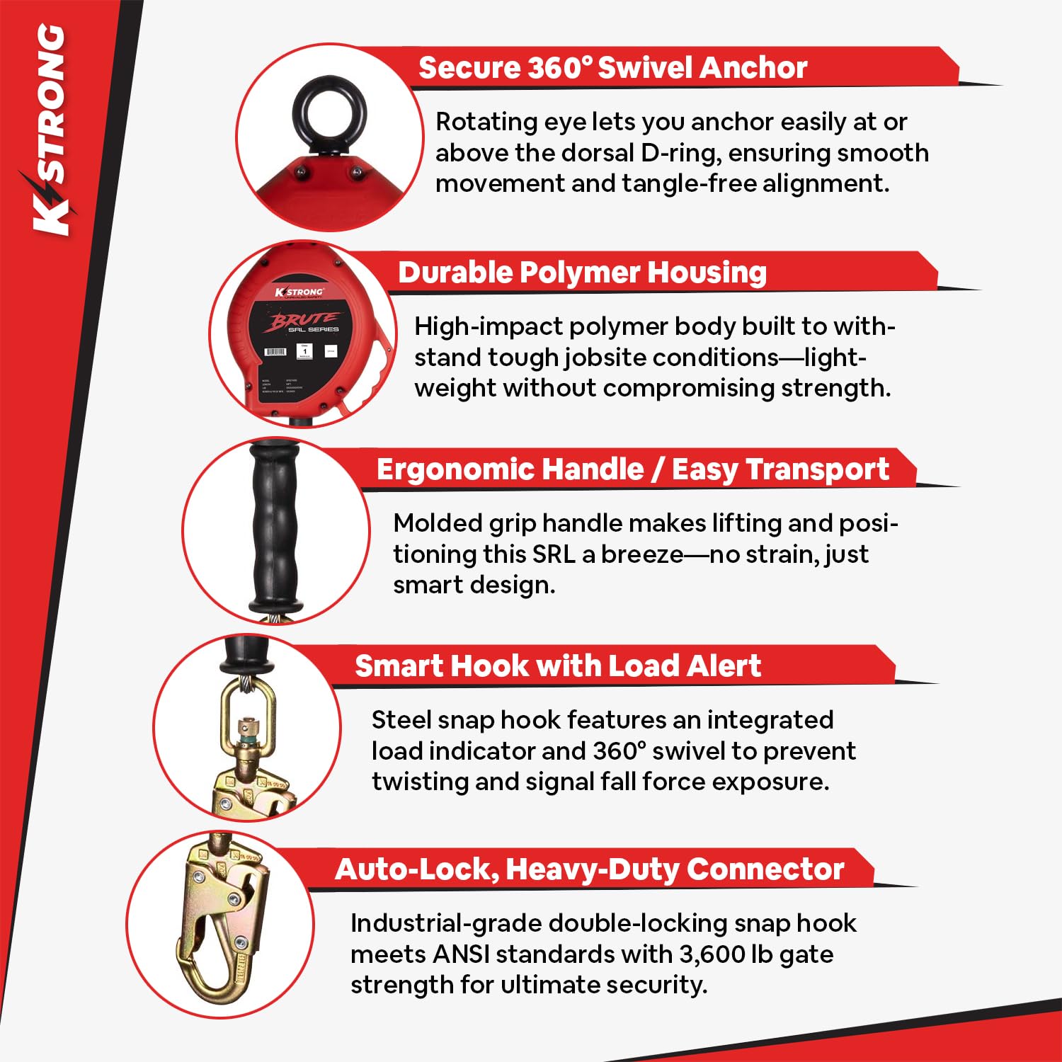 KStrong Brute SRL Self-Retracting Lifeline Galvanized Steel Cable with Swivel Snap Hook, Installation Carabiner and Tag Line, 50-Ft, ANSI Compliant