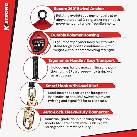 KStrong Brute SRL Self-Retracting Lifeline Galvanized Steel Cable with Swivel Snap Hook, Installation Carabiner and Tag Line, 50-Ft, ANSI Compliant