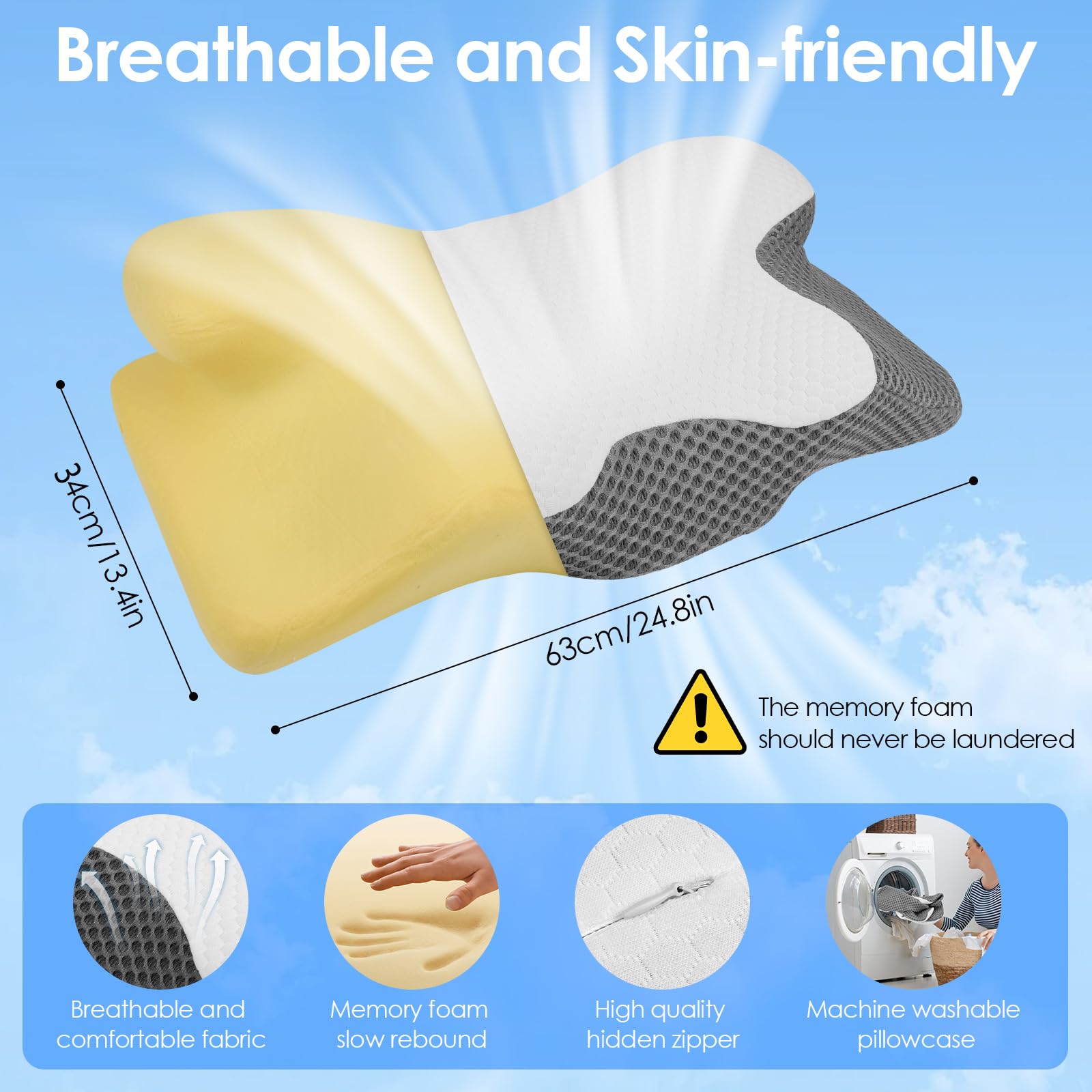Cuscino Cervicale per Dormire, 2 in 1 Cuscino in Memory Foam per Dolore alla Spalla, Cuscino Ortopedico Ergonomico per chi dorme sul Fianco, Sulla Schiena e Sullo Stomaco-63 x 12/9 x 34 cm