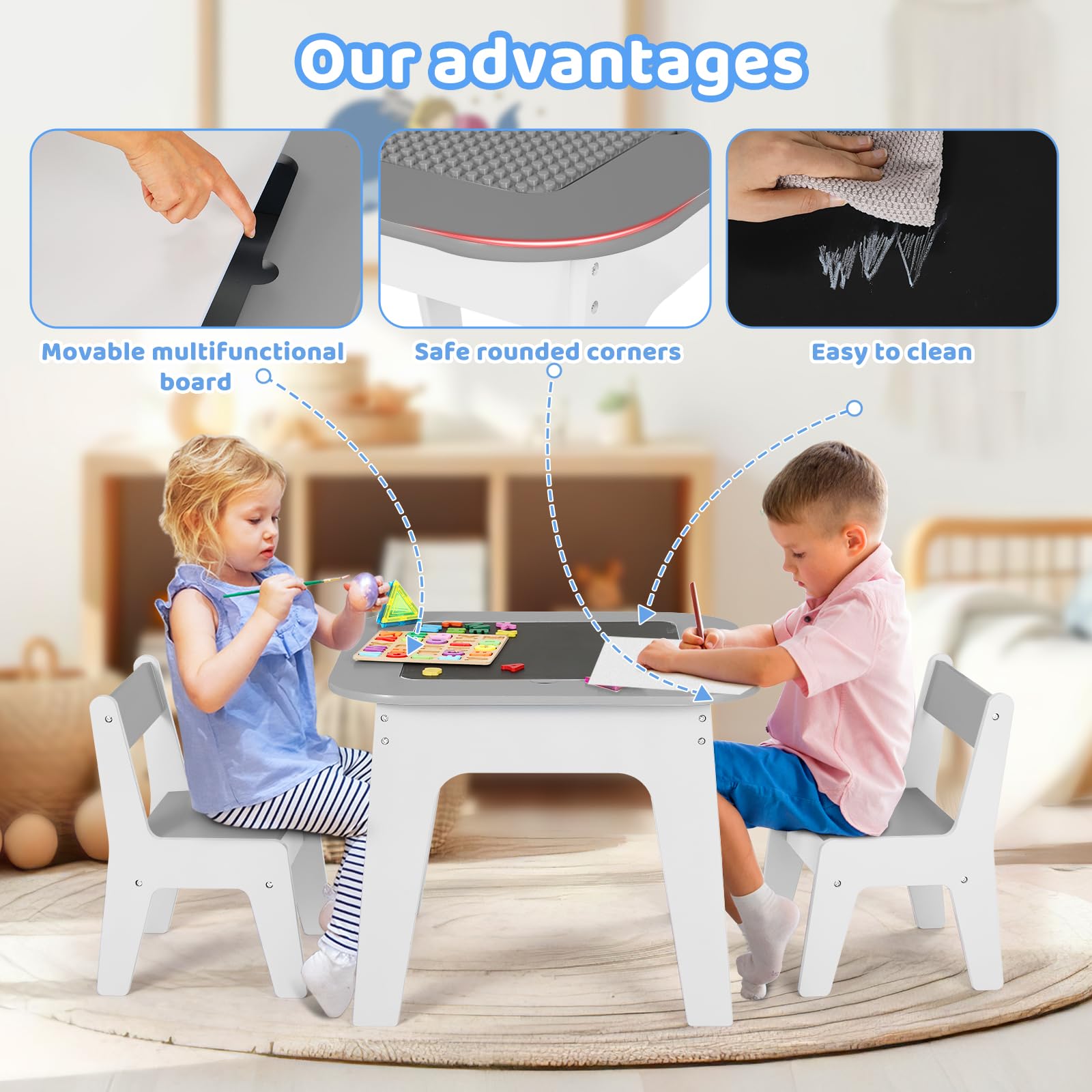 MAMIZO Kindertafel met 2 stoelen, schildertafel en knutseltafel voor kinderen, tafel en stoelen, kinderkamerset, speeltafel met opbergruimte voor kinderen vanaf 3 jaar (geel