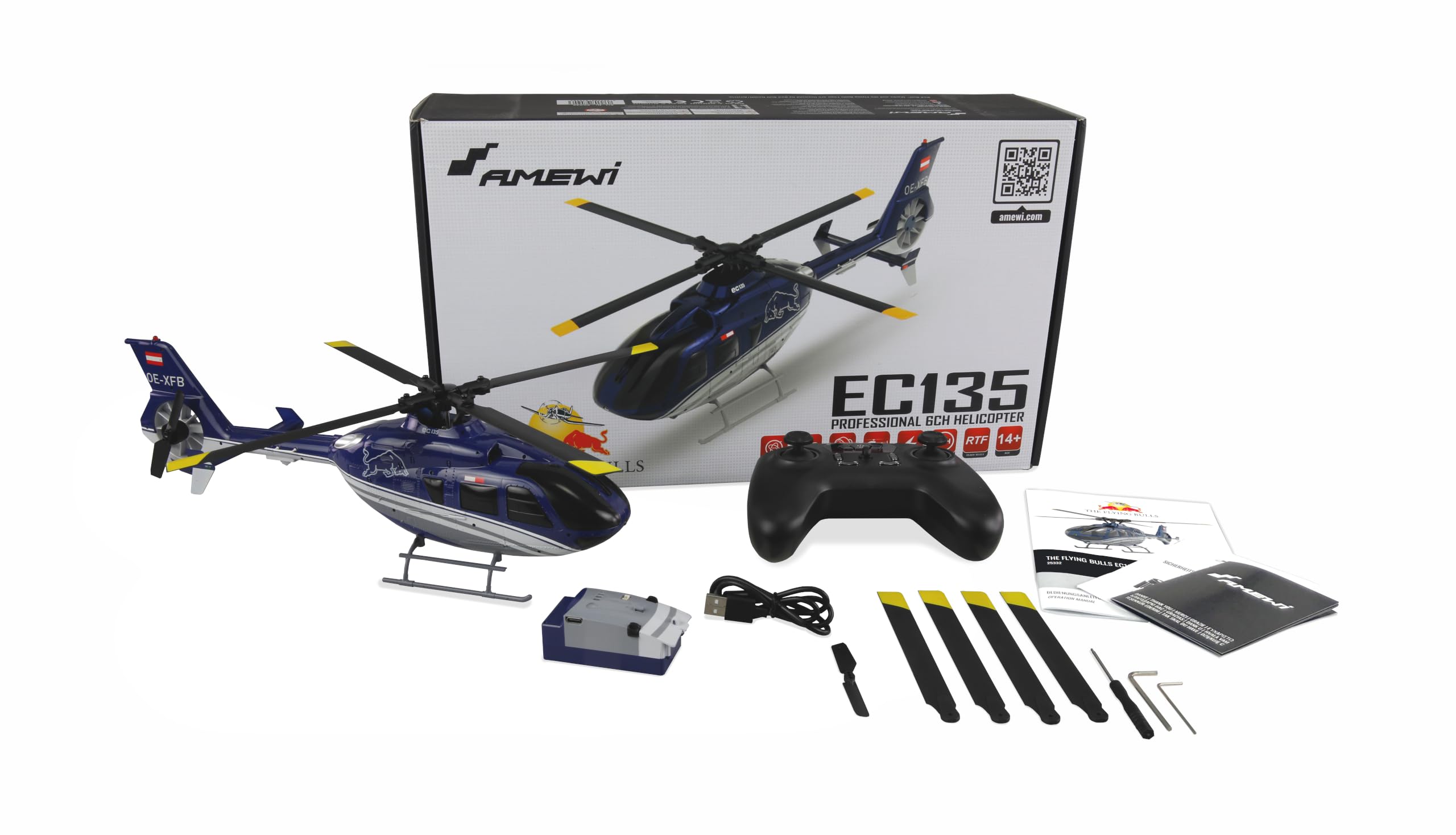 Amewi The Flying Bulls EC135 PRO Brushless 6-Kanal Helikopter 352mm 6G RTF, Blau
