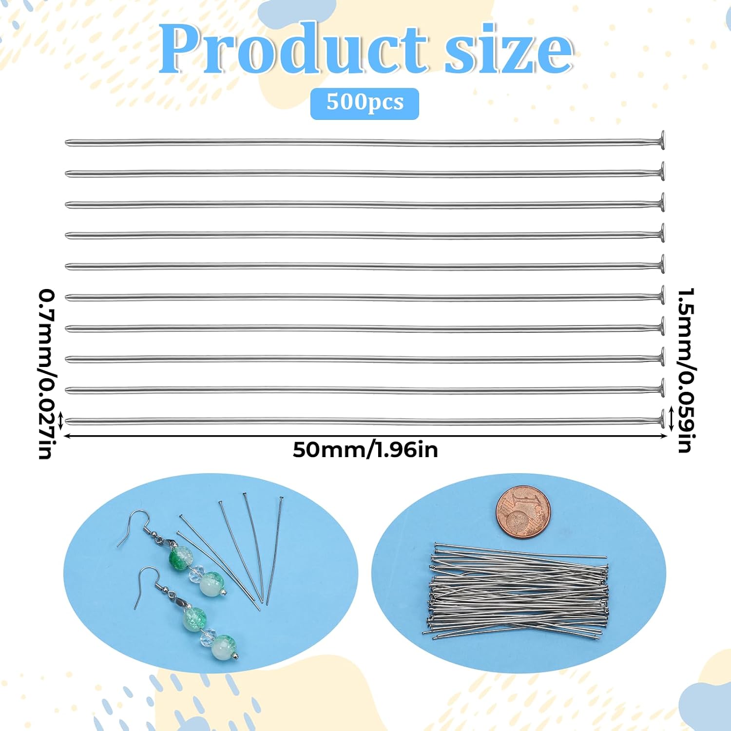 500 PCS Flat Head Pins for Jewelry Making, Straight Pins Stainless Steel 2 Inch Jewelry Making Pin Silver Flat Headpins Jewelrys Findings Eye Pin for DIY Craft Earring Bracelet Necklace Pendant