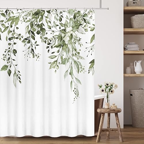 Vista 189 de Tititex - Juego de cortinas de ducha de eucalipto verde oliva, hojas de acuarela en la parte superior con decoración floral de baño, 60 x 72 Hojas