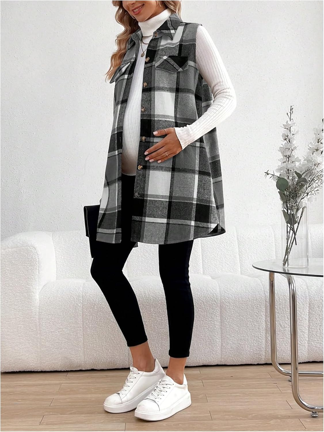 MakeMeChic Women's Maternity Vest Outerwear Plaid Print Collared Button Down Pregnancy Midi Coat