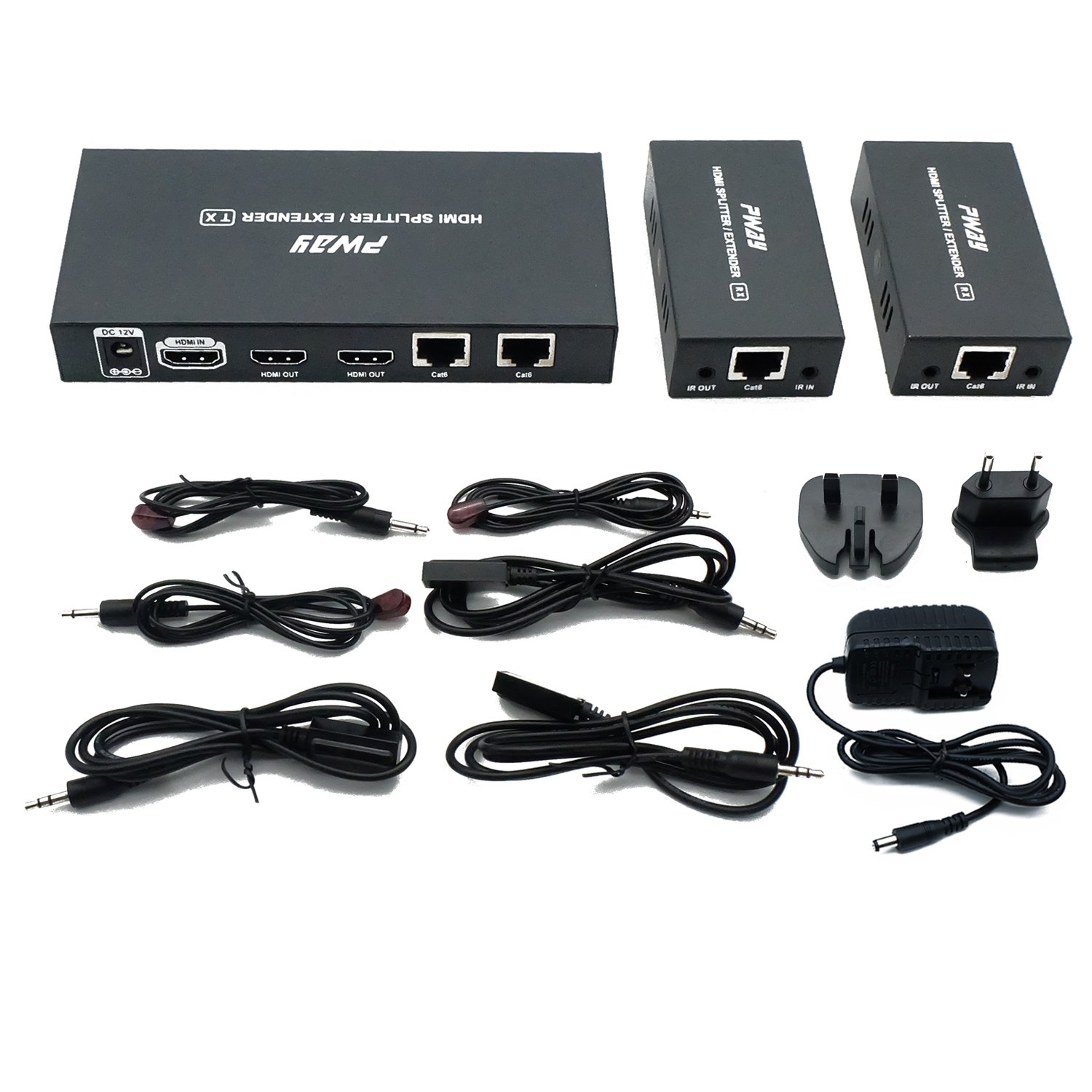 PWAY PW-HTS0102IR(POC) 1X2 Splitter HDMI Extender Over Cat6 Ethernet Cavo con Senza Ritardo Telecomando a 60m/196ft 1080P IR Controllo(20-60Hz) （1 in 2 out）