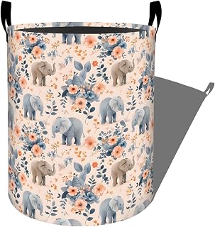 Gentle Elephant with Pastel Floral Laundry Basket with Handles, 19.7"x15.7" Clothes Foldable Laundry Hamper Organizer for Dorm Nursery Bedroom Bathroom Decor, Toy Storage Bin for Kids