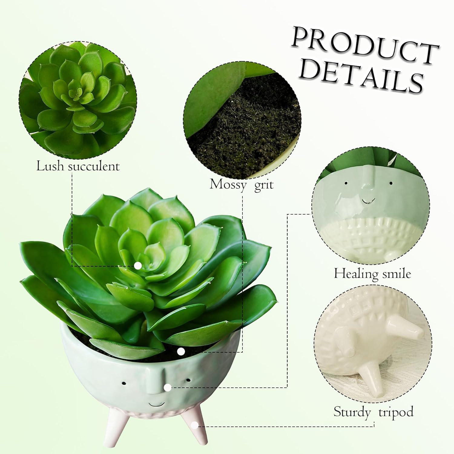 Cute Smiling Face Artificial Potted Plant - 6.7" Small Fake Succulents for Desk Decor, Shelf, Office, Indoor - Stress Relief Desk Accessories, Faux Greenery Gift