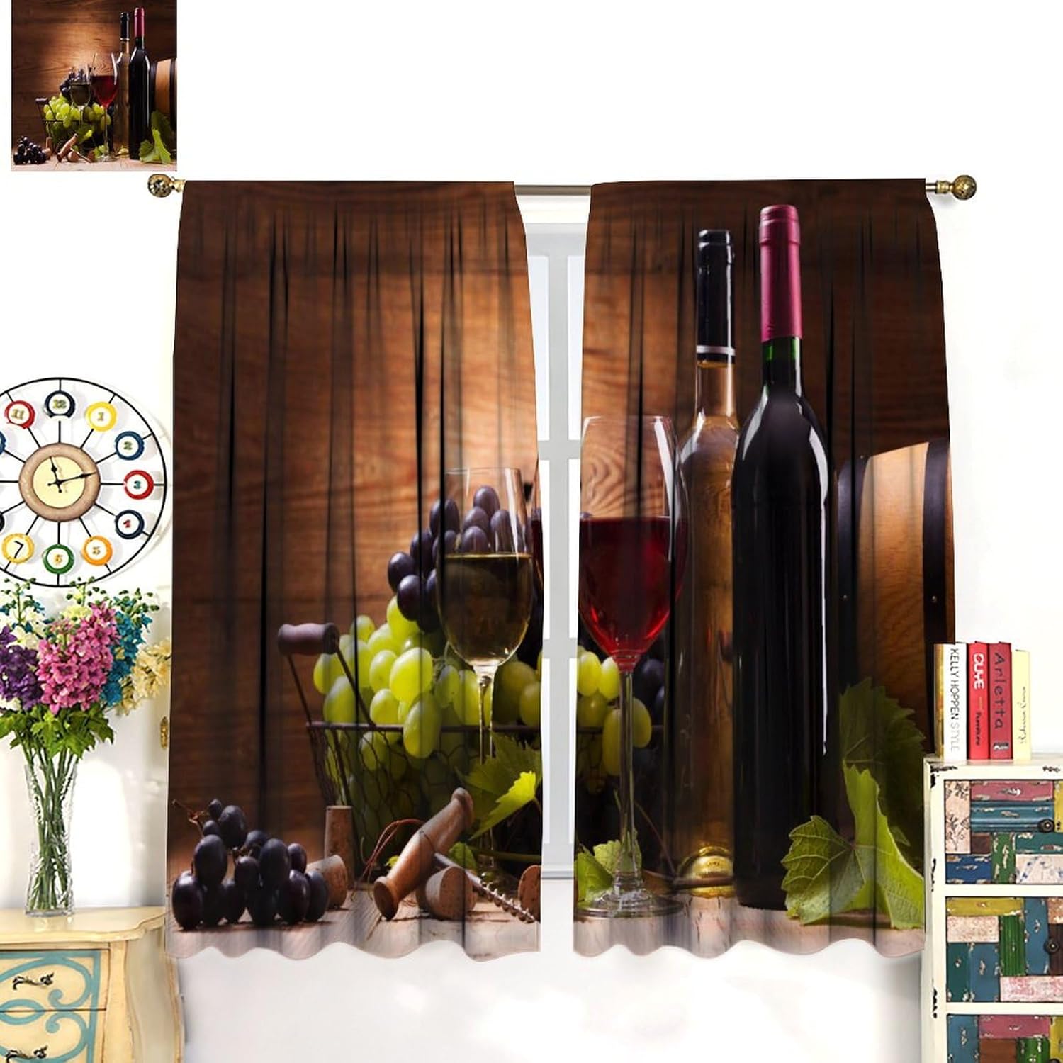 Wine Decor Window Curtains, Glasses of Red and White Wine Served with Grapes French Gourmet Tasting for Home Kitchen Restaurant Decoration Window Curtain 2 Panels 42x63in