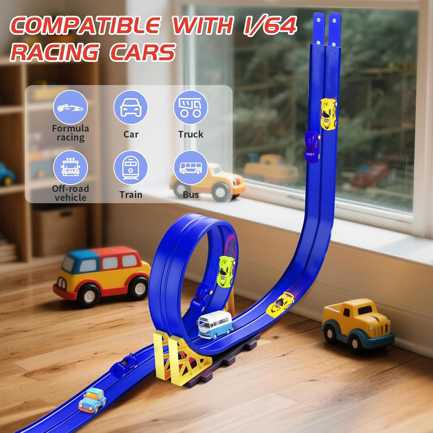 20ft Build Anywhere Portable Race Track with Suction Cups - Flexible Roll-Up Design Fits 1/64 Scale Cars, Portable Toy Gift for Kids 4+ Year Old (2 Tracks/Blue)
