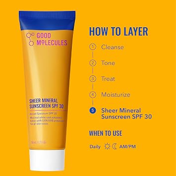 Good Molecules Sheer Mineral Face Sunscreen Broad Spectrum SPF 30, 1.7 oz | Zinc oxide mineral sunscreen with minimal white cast. Broad spectrum UVA/UVB protection for all skin tones.