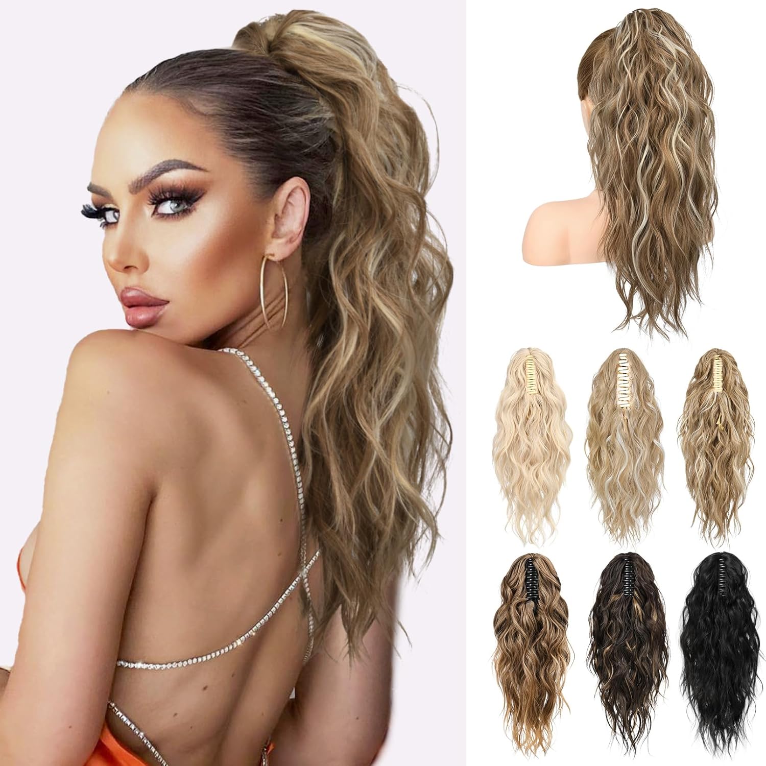 LONAI Ponytail Extension, 18" Wavy Claw Clip Ponytail Extensions Shoulder Length Curly Wavy Claw Clip in Ponytail Hair Extensions Ponytails Hairpieces - Deep Dark Blonde with Blonde Highlights Dark Blonde with White Blonde Highlights