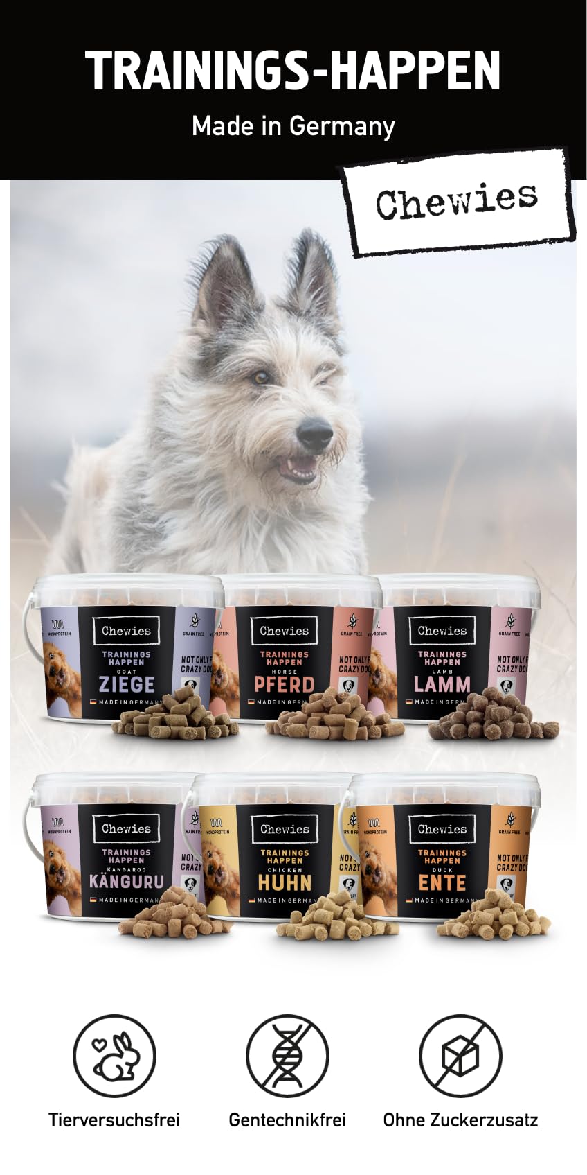 Chewies Trainings-Happen Mélange de friandises pour Chien sans céréales, Douces et sans Sucre – Friandises monoprotéines pour Chien dans Un Seau refermable – Fabriqué en Allemagne (6 x 300 g)