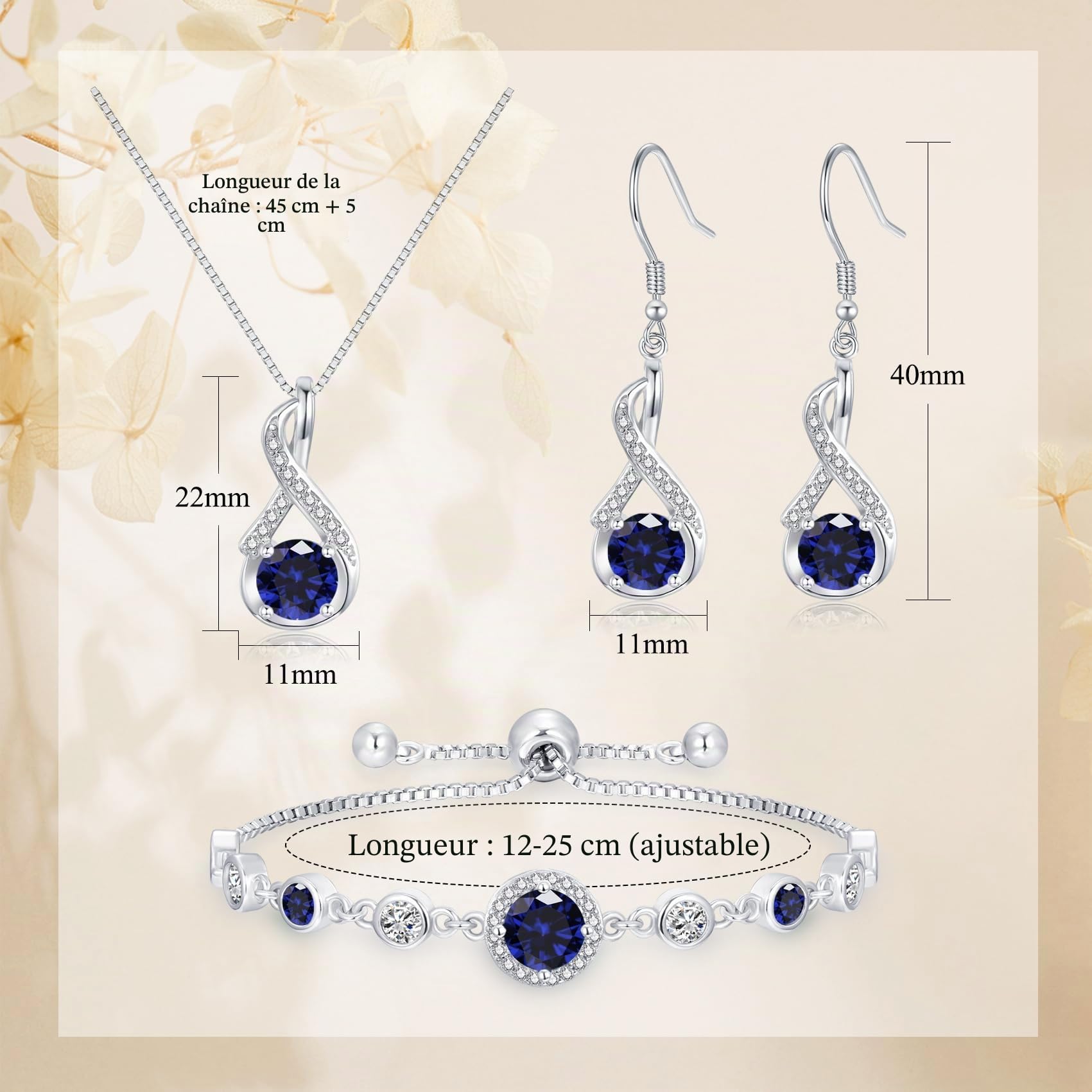 Parure de bijoux en argent sterling 925 pour femme - Ensemble collier, boucles d'oreilles et bracelet avec zircone cubique AAAAA - Bijou en argent 925 - Cadeau d'anniversaire de mariage