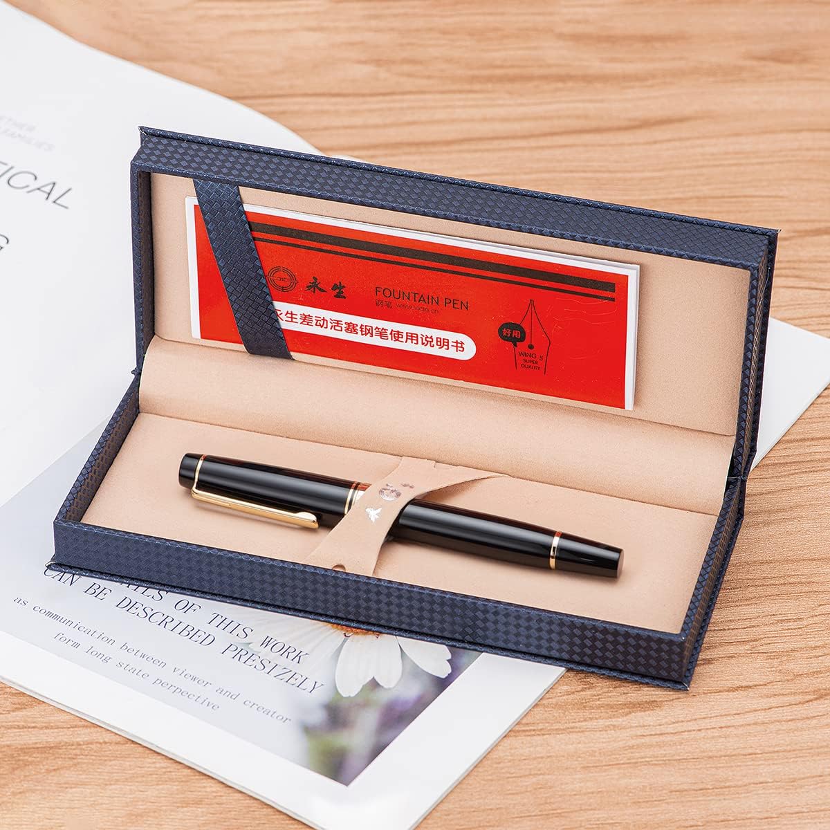 Lanxivi Yongsheng 629 Fountain Pen Black Resin, Piston Filling 14K Extra Fine Nib Gold Pen with Pen Case Set