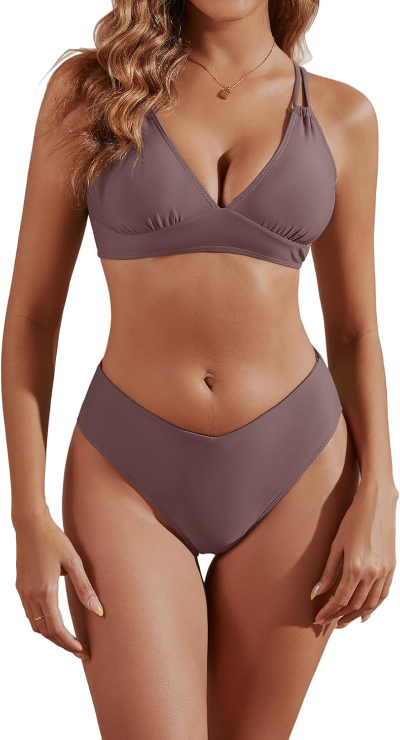 fatty tiger High Cut Bikini Sets for Women Deep V Neck Criss Cross Back Two Piece Swimsuit Cheeky High Waist Bathing Suit