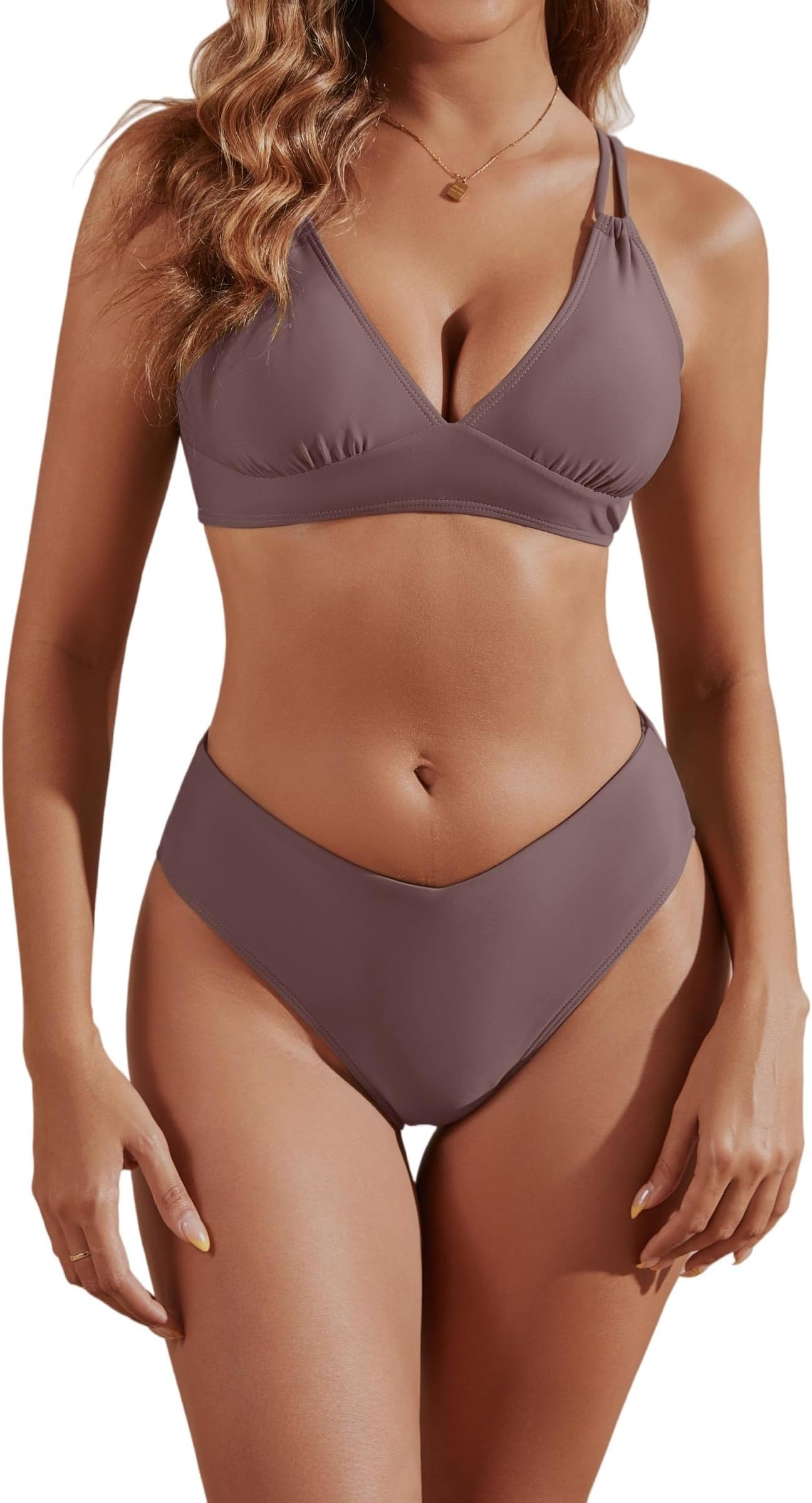 High Cut Bikini Sets for Women Deep V Neck Criss Cross Back Two Piece Swimsuit Cheeky High Waist Bathing Suit