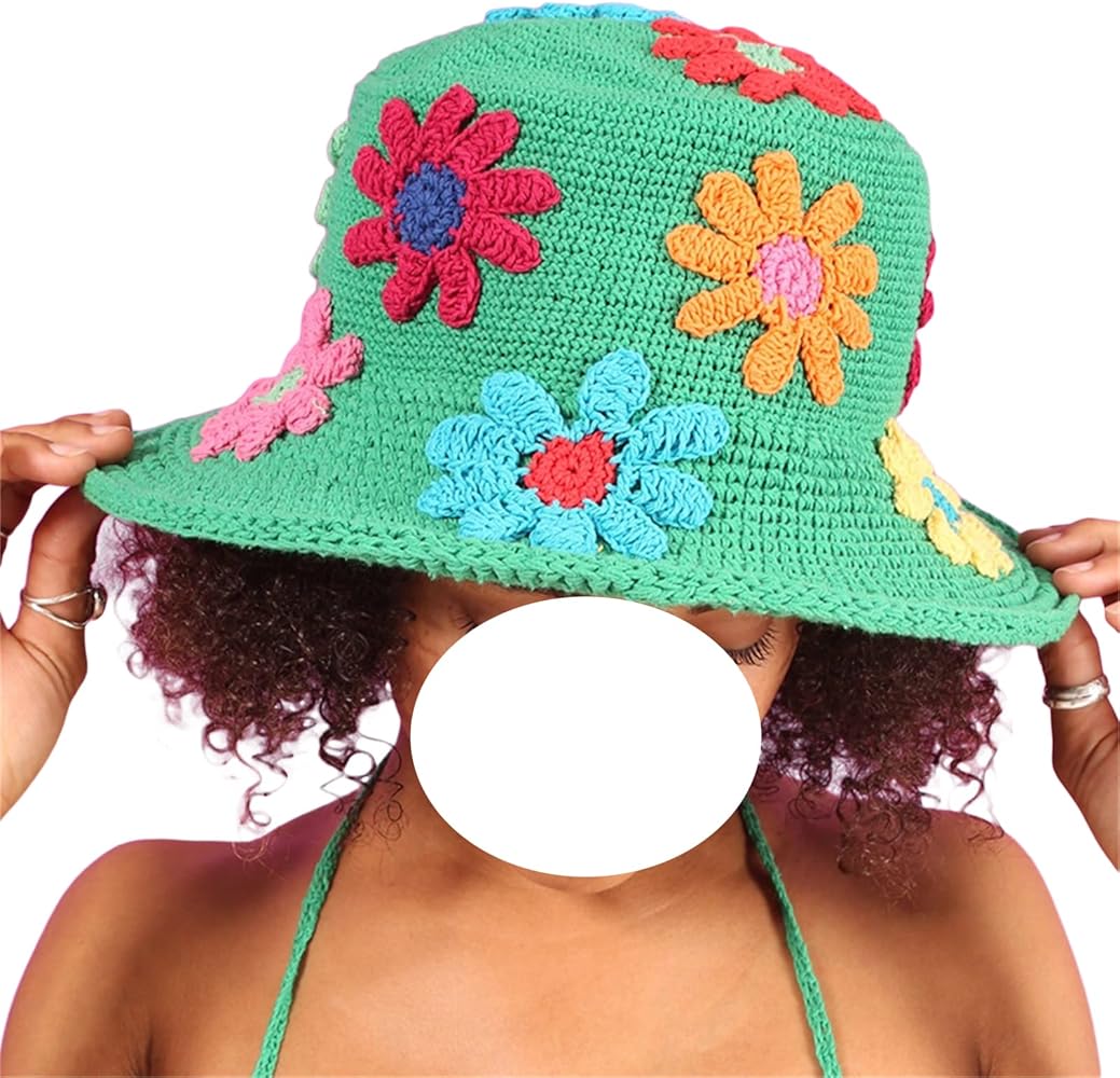 Womens Crochet Bucket Hat Floral Knitted Beanie Hats Hollow Out