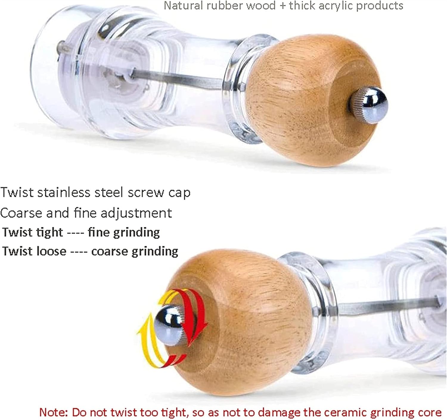 Salt and Pepper Mill Set,Wooden Salt and Pepper Grinders,Salt and Pepper Shakers with Acrylic Visible Window,Ceramic Grinding Core,Pack of 2 Grinding