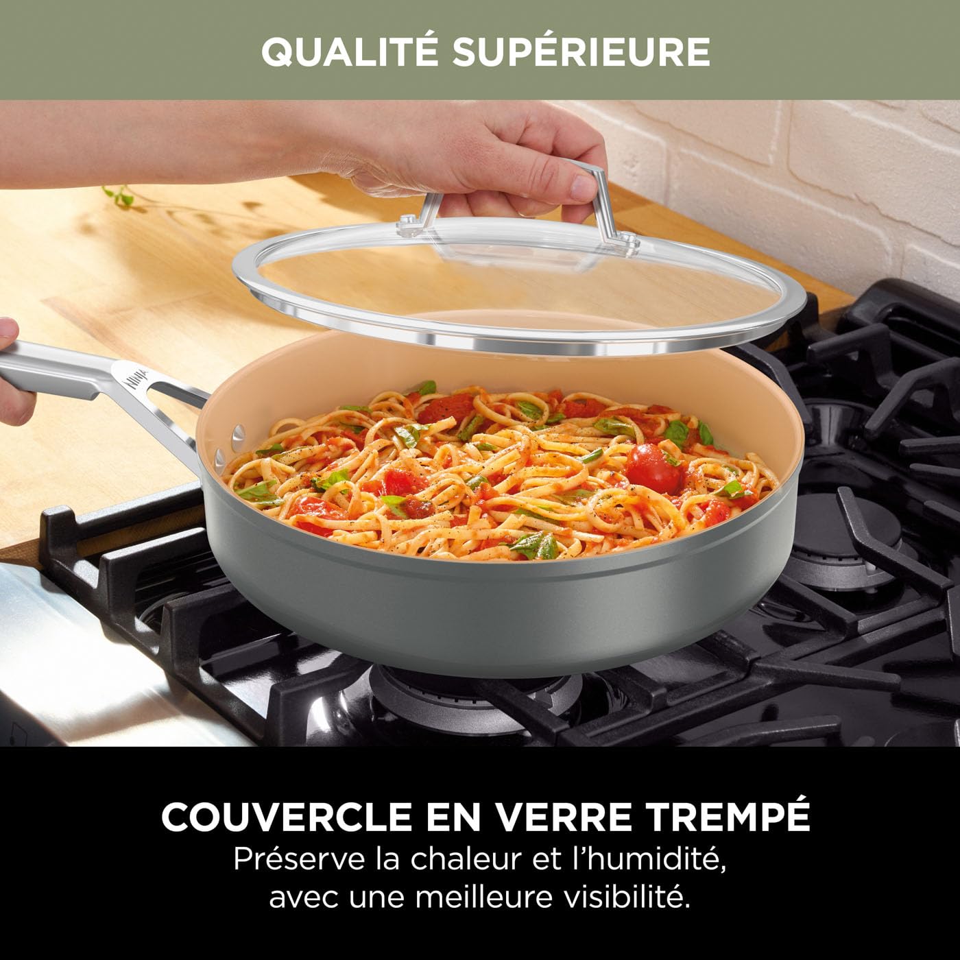 Ninja Extended Life Batterie Céramique 5 Pièces (Poêles 20/24cm + Casseroles 16/18/20cm + couvercles), Antiadhésif (sans PFA, PFOA, Plomb ou Cadmium), Résistance 285°C, Gris & Terrecota, CW95000EUUKDB
