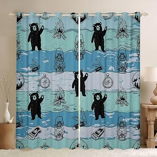 Feelyou Camper Bear Curtains for Bedroom Happy Camping Blackout Darkening Drapes Rustic Cabin Country Window Treatments, 2 Panels 38 x 45 Inch Camper Accessories for Travel Trailers Room Decor