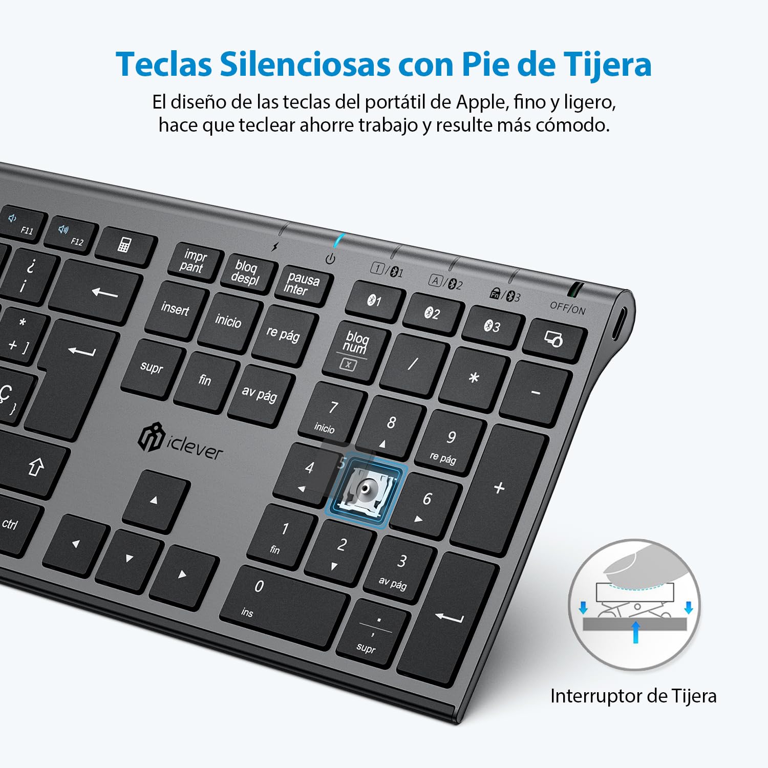 iClever Teclado Bluetooth BK23-QWERTY Español Teclado Inalámbrico para Mac con Batería Recargable Tamaño Completo Dedo Multidispositivo Multi-OS Gris Negro