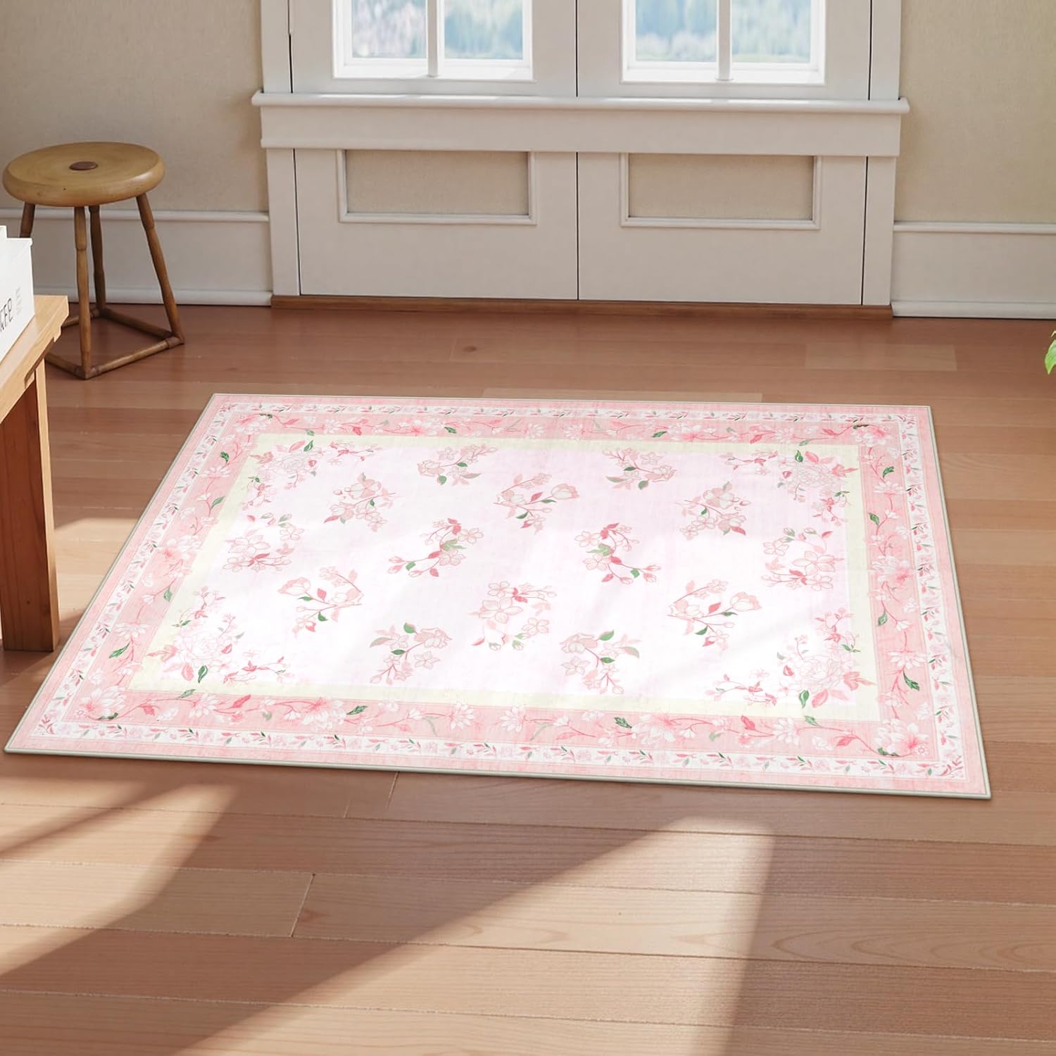 LIVEBOX Floral Pink Washable Entryway Rug, 2x3 Boho Bathroom Rugs Non Slip Soft Bedroom Accent Rug, Ultra Thin Flower Small Throw Rugs for Entryway Indoor Door Mat for Kitchen Bedside, Pink