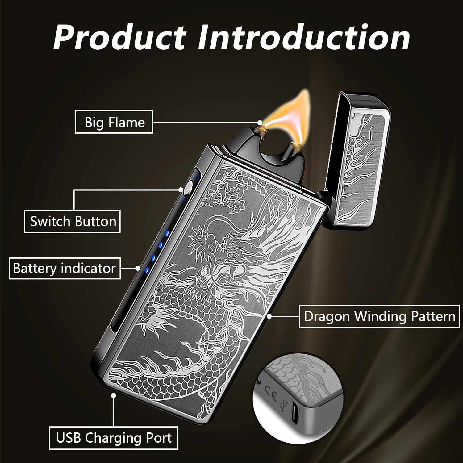 Dragon Lighter Rechargeable, Windproof USB Plasma Lighters Electric Lighter, Visual Battery Auto-Off, Cool Vintage Lighters Design for Camping Candle Gift（Black）