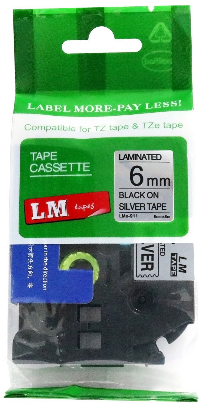 LM Tapes - Brother PT-1290 Label Printer 6mm Black on Silver Compatible TZe P-Touch Tape (1/4" 0.23 Laminated) for Brother Model PT1290 Label Maker