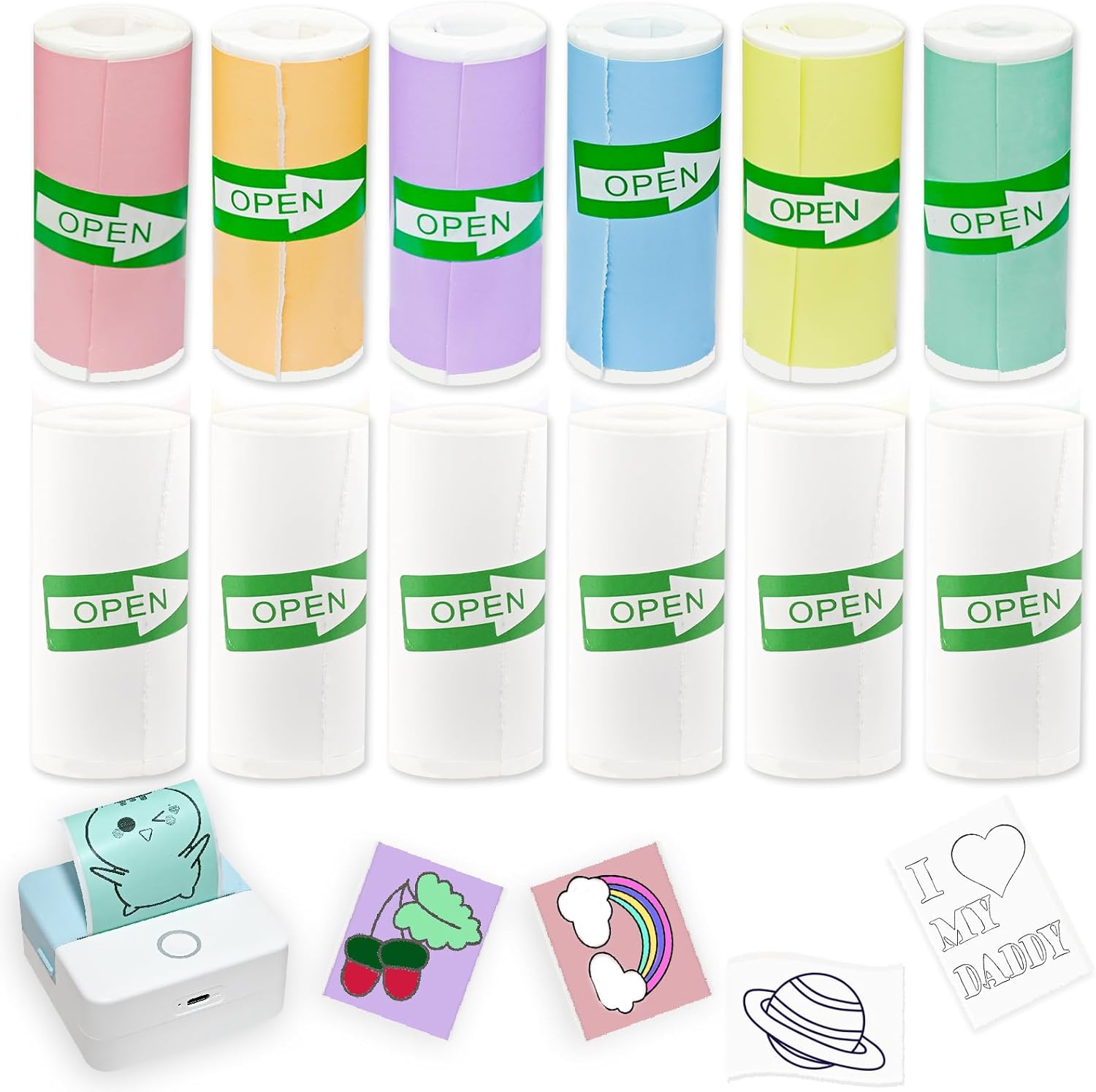 12 Rolls Self-Adhesive Mini Printer Sticker Paper - 6 White & 6 Vibrant Colors for M02/T02 Printers (Remove Inner Paper Holder), Thermal Sticker Paper Continious Labels for Study Notes & Scrapbooking