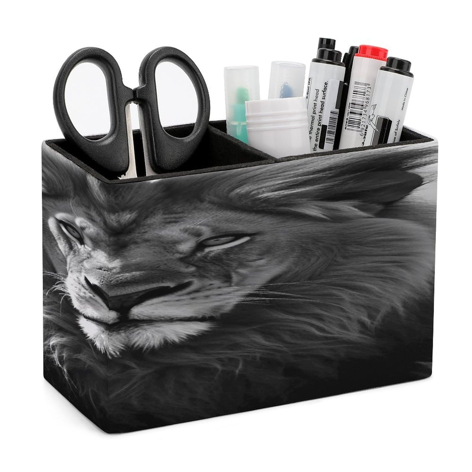 VstaDank African Lion Black And White Pencil Holder for Desk Organizer 2 Compartments Pen Cup Leather Square Pen Holder Pencil Cup Stand Makeup Brush Holders for Desktop Organizer Storage Case