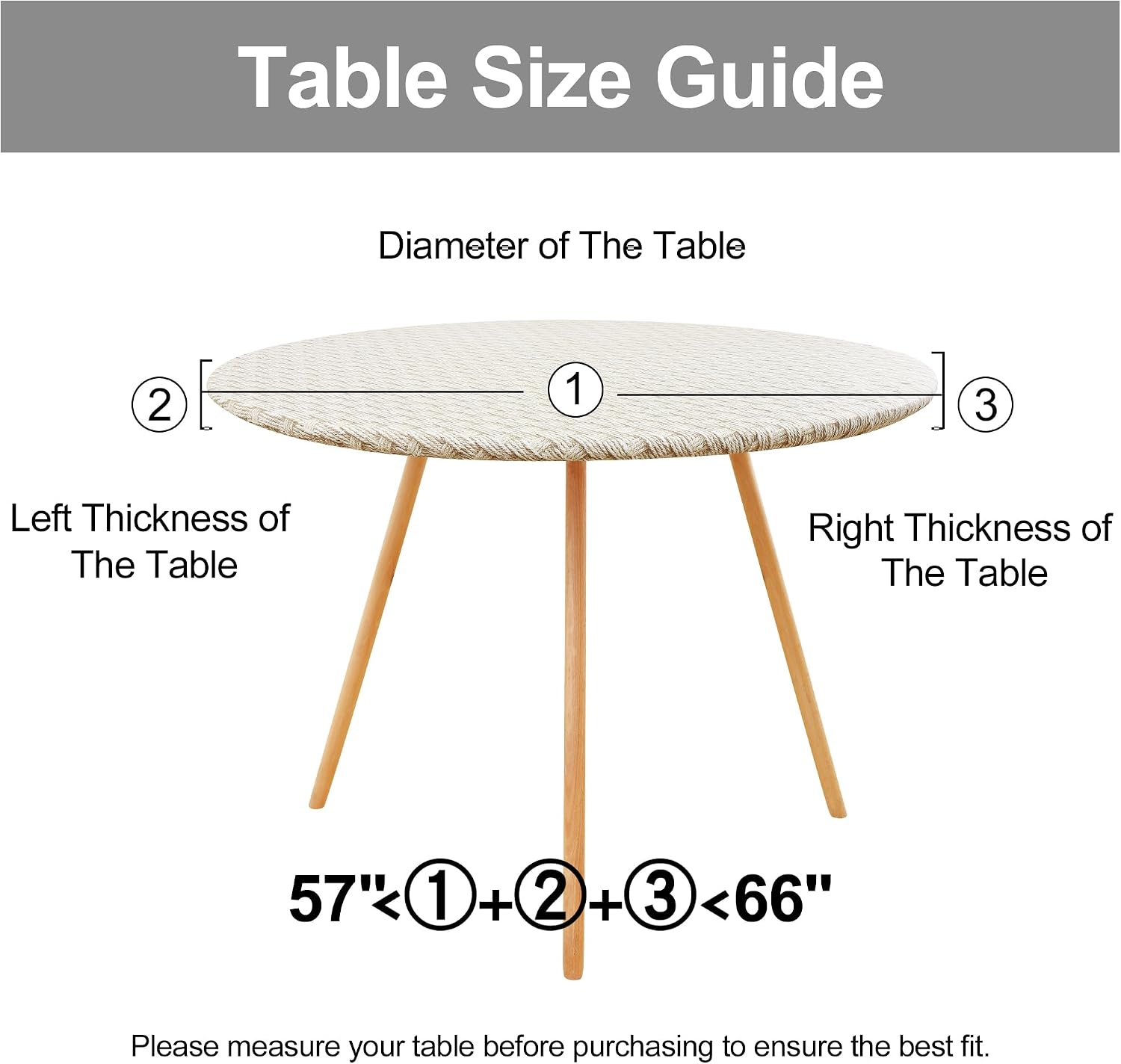 misaya Round Fitted Tablecloth with Elastic Edge, 100% Waterproof Oil Proof Plastic Table Cover, Vinyl Flannel Backed Tablecloth Fits 57"-66" Round Tables for Dinner, Outdoor, Picnic, Weave