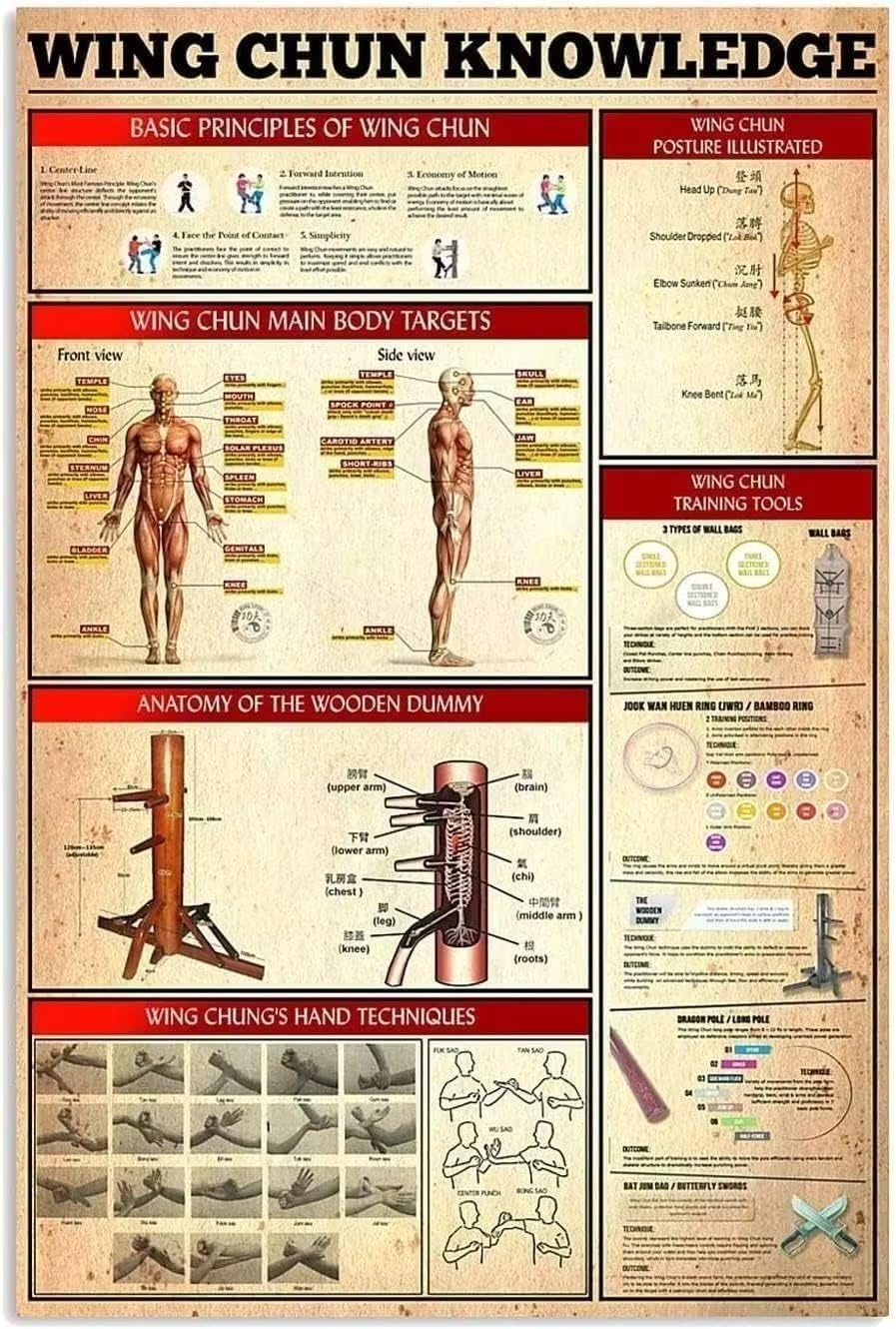 cunsuile Wing Chun Knowledge Print Poster Metal Tin Signs Anatomy Of The Wooden Dummy Popular Science School Garden Farm Hospital Information Table Bar Garage Club Kitchen Home Wall Decoration