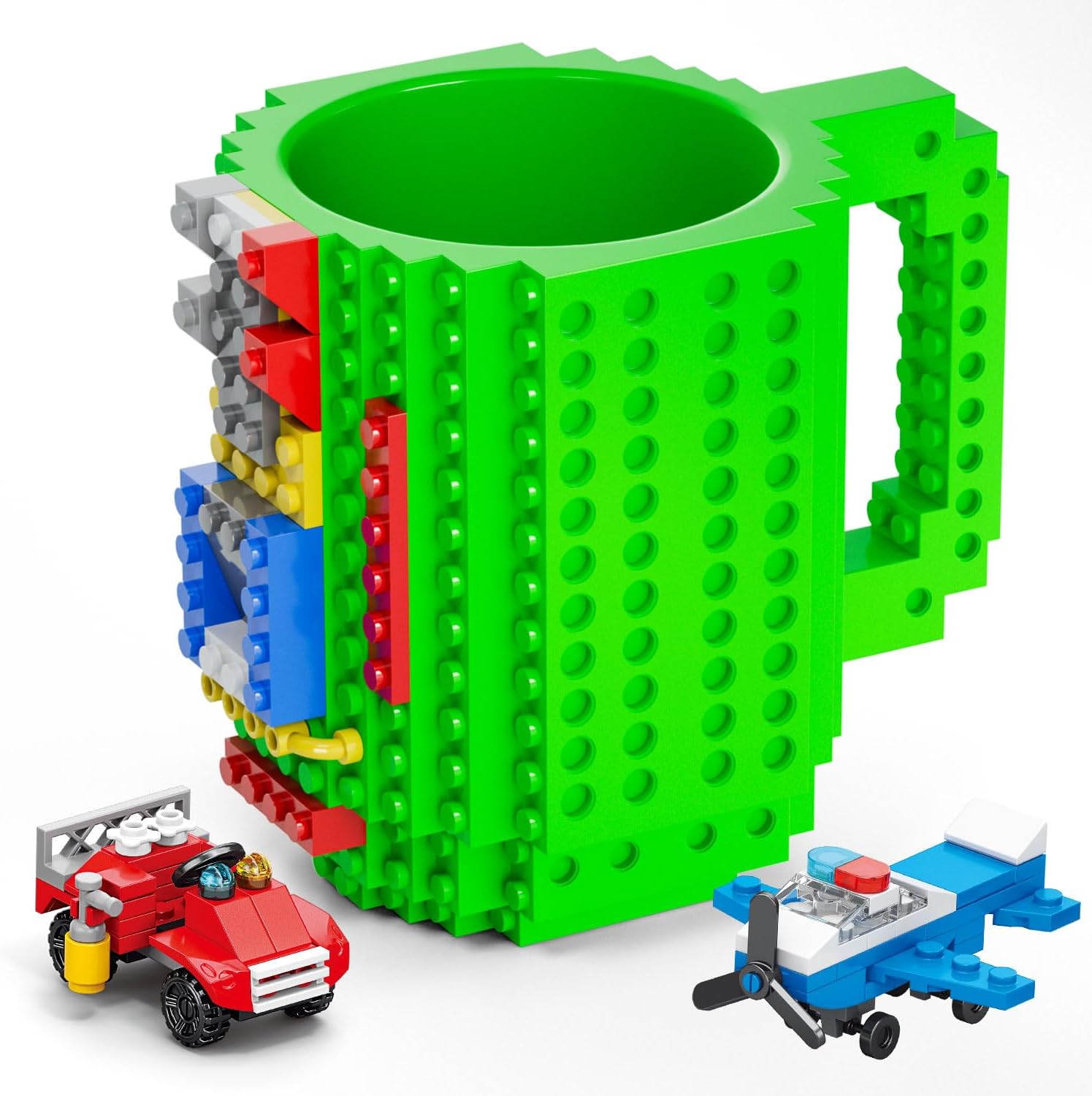 DAYMOO Build-on Brick Mug Set with 2 Random Packs of 2-in-1 Bricks, Cool Coffee Mugs for Kids, Creative Novelty Funny Coffee Mug Cup Gift for Kids Men Dad Adults Women Xmas Christmas - Green