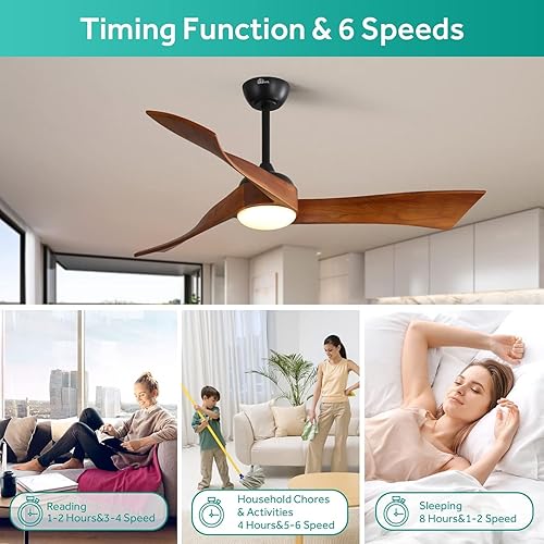 Miniatura 5 de Sofucor - Ventiladores de techo de 52 pulgadas con luces, ventilador de techo de madera sólida para interioresexteriores con control remoto, motor