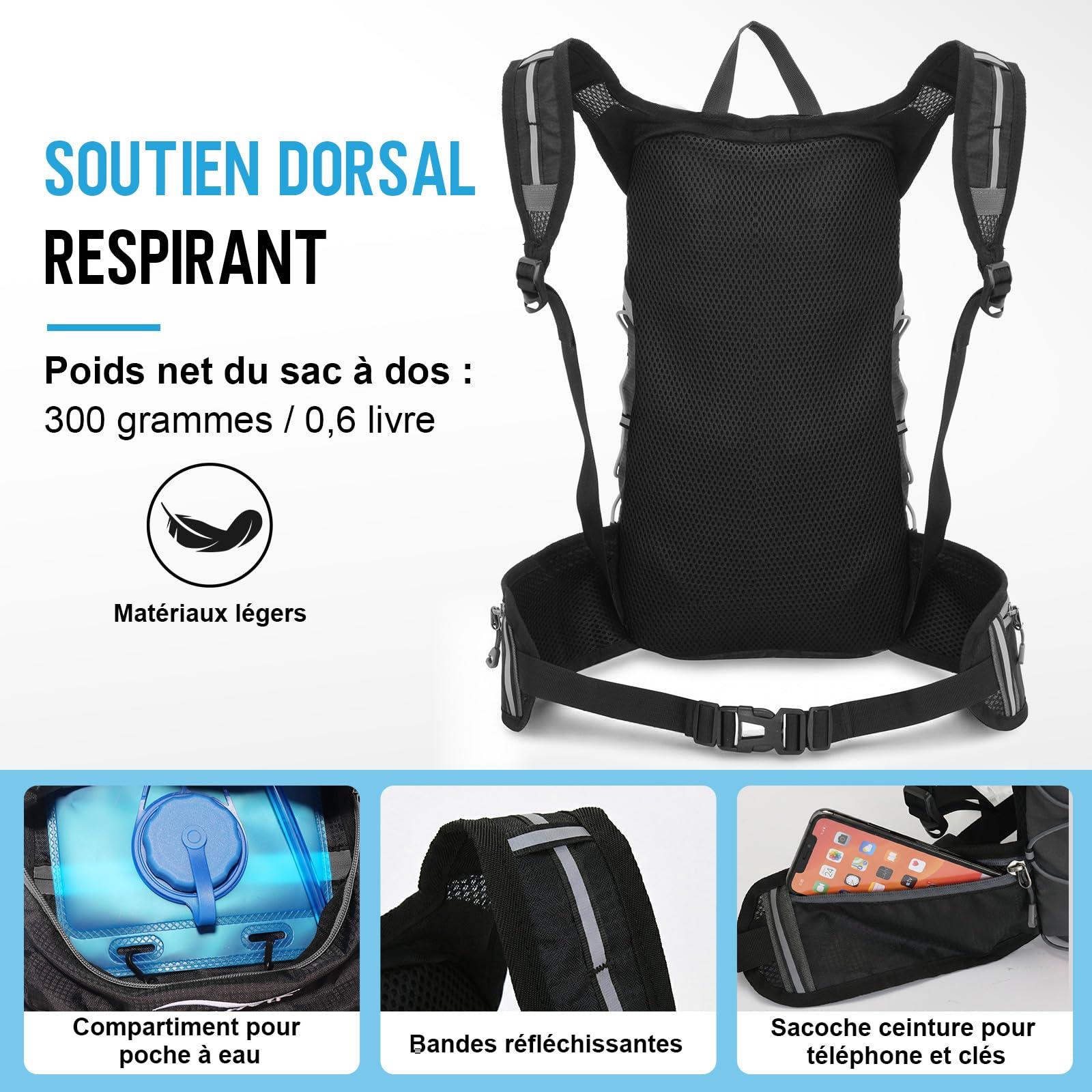 JIANYANA Sac à dos d'hydratation, pliable, noir, 3 l, 550 g, convient pour le cyclisme et la randonnée, noir