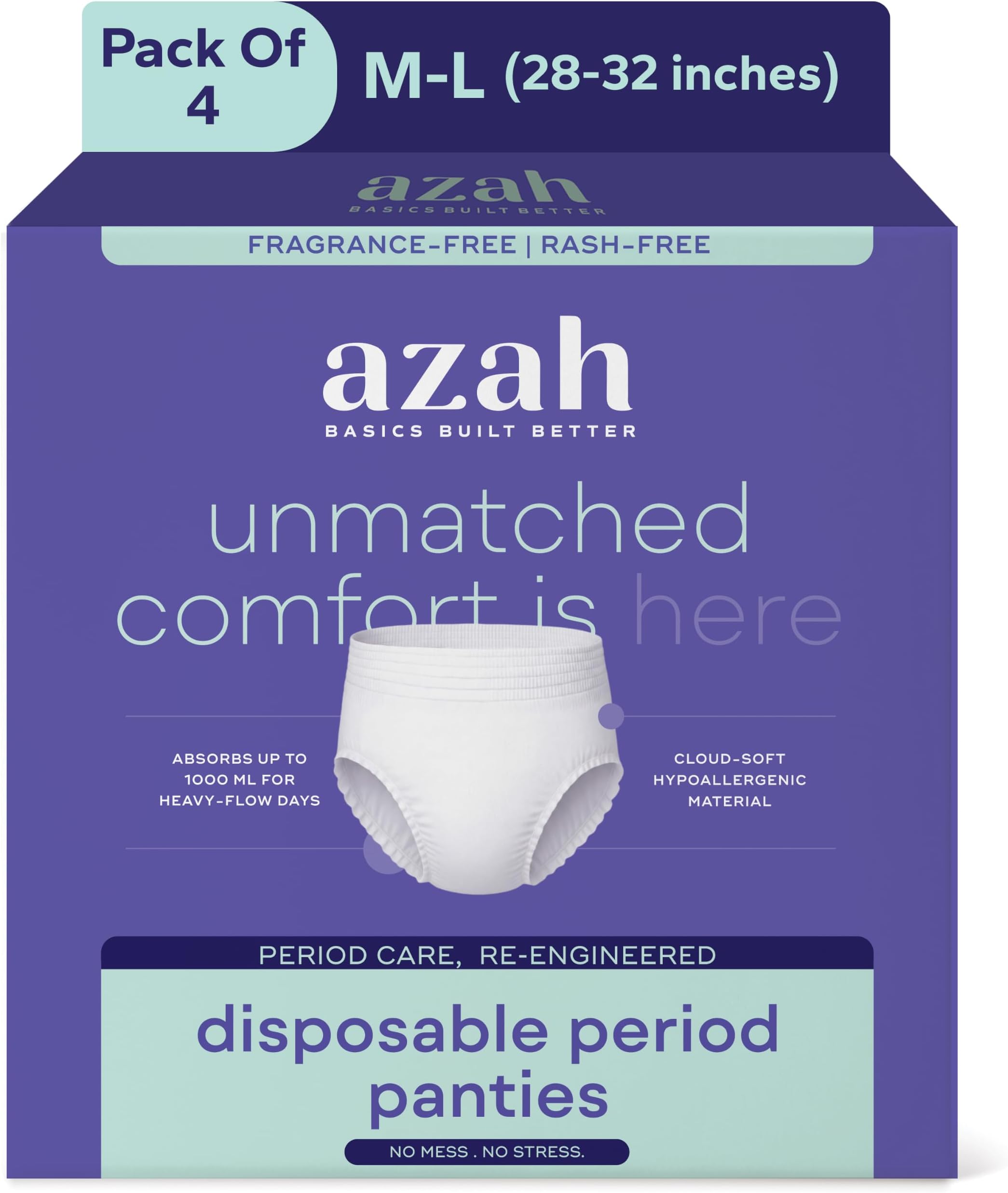 AZAH Periods Panty For Women [M-L Pack of 4] | 12 Hrs Protection | Super Absorbent 360° Coverage | Leak Proof Overnight Period Panty for Girls |Heavy Flow | Rash Free Disposable Panties After Delivery