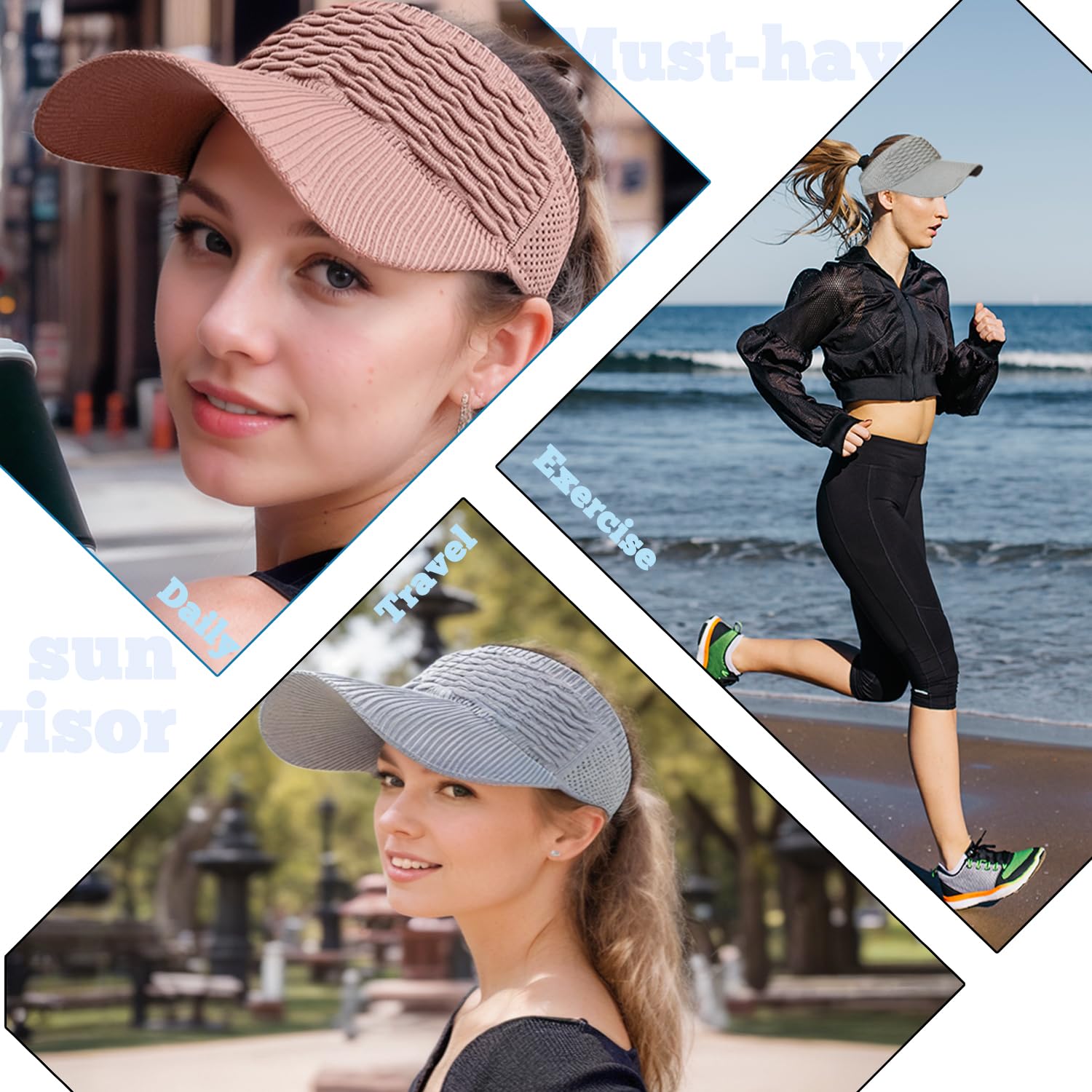 Sombreros de visera para el sol, sombreros de ala ancha con protección UV, viseras de punto para correr para mujer, aptas para cola de caballo, de secado rápido