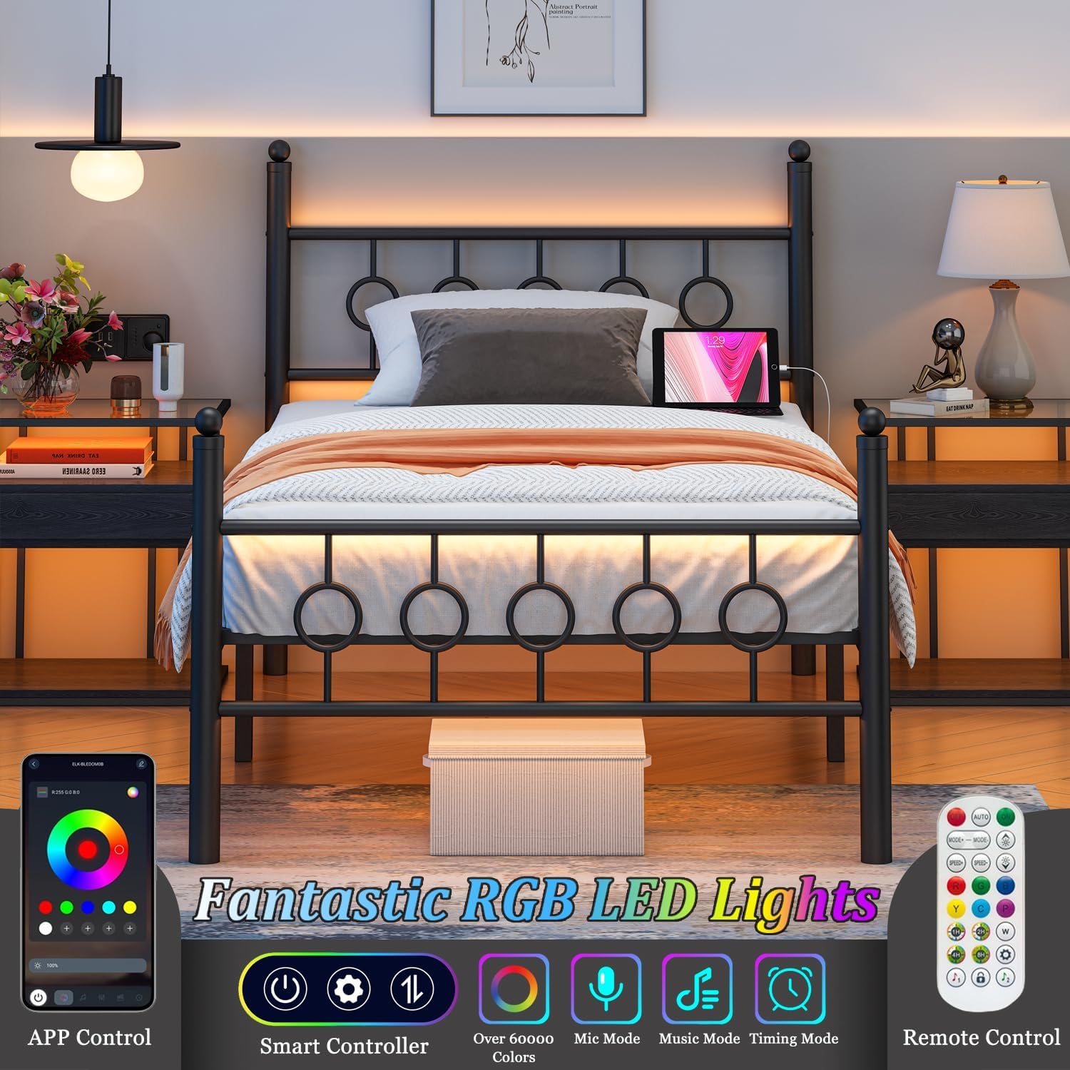 Twin Bed Frames with Headboard, LED Bed Frame with Charging Station, Metal Platform, Under-Bed Storage, No Box Spring Needed, Noise Free, Easy Assembly, Black - Image 4