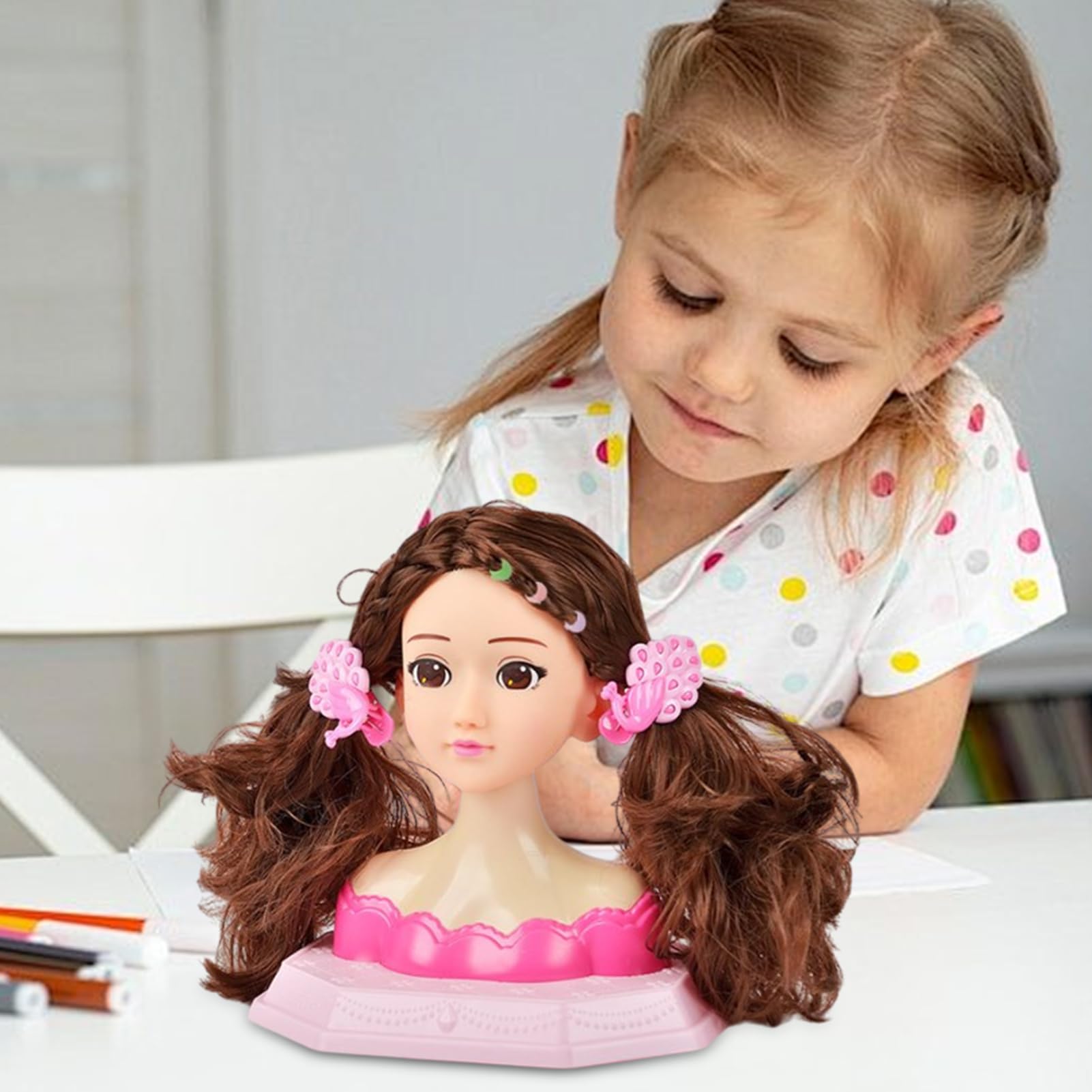 Giocattolo per lo styling dei capelli per bambine, 26 x 19 cm, in materiale ABS, morbido e sicuro, testa di manichino per trecce, taglio, trucco, gioco di apprendimento per parrucchieri in età