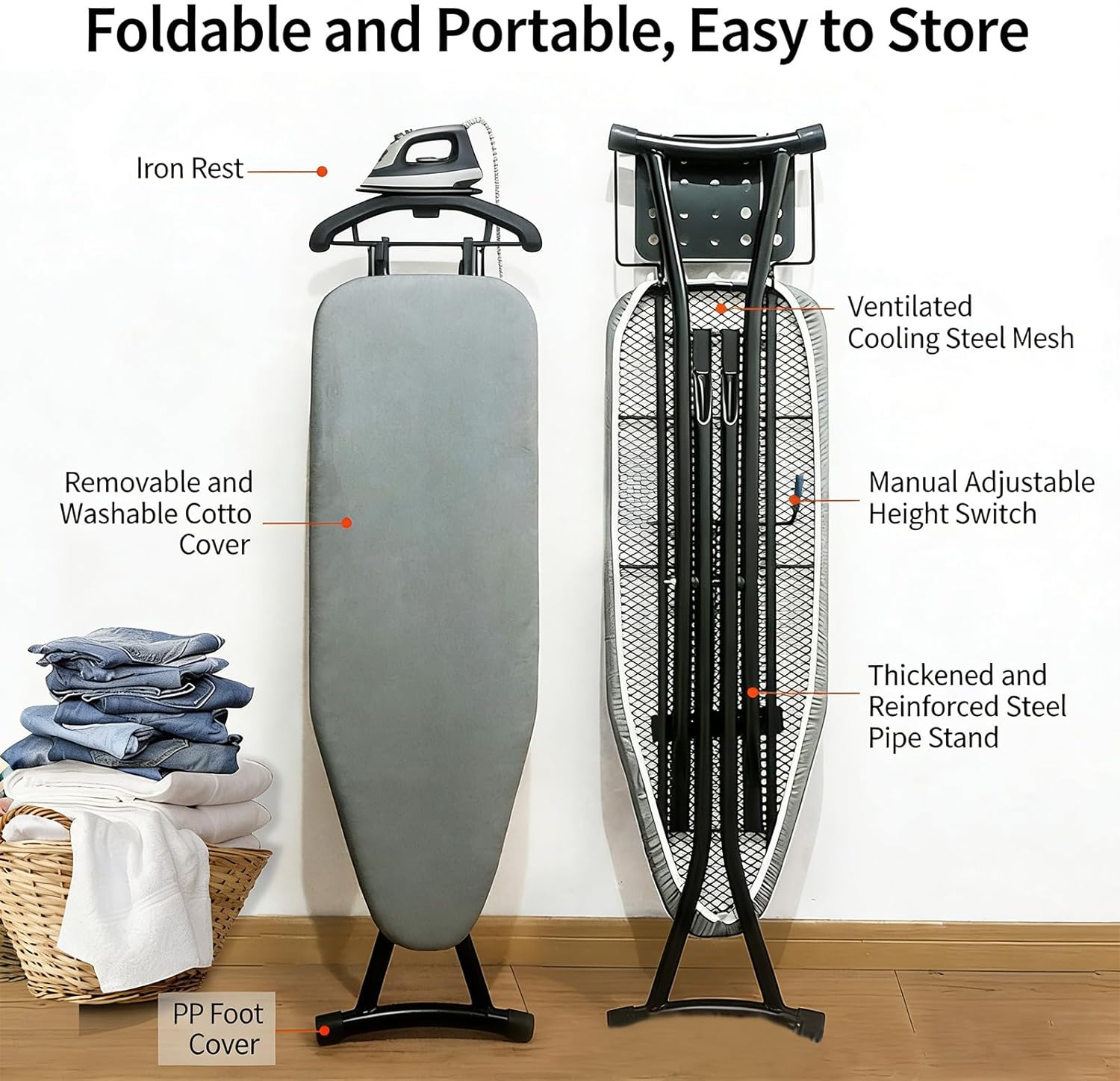Space Efficient Laundry Ironing Stand Made Using Reinforced Steel Poles and Securitylock Mechanism Clothes Ironing Board