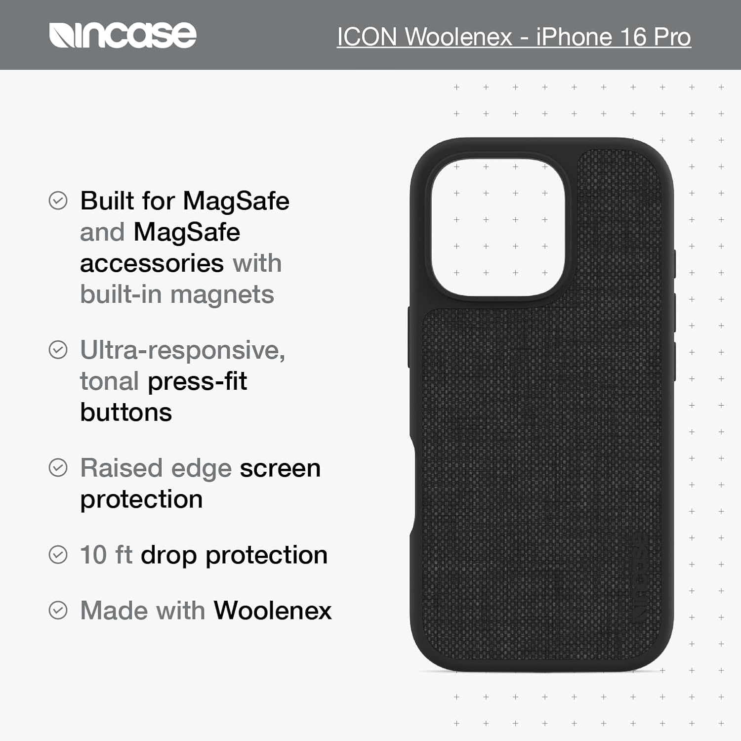 Incase ICON Case with Woolenex for iPhone 16 - Durable, Protective, Lightweight, Water-Resistant, Scratch Resistant with Wireless Magsafe Charging - Asphalt Woolenex