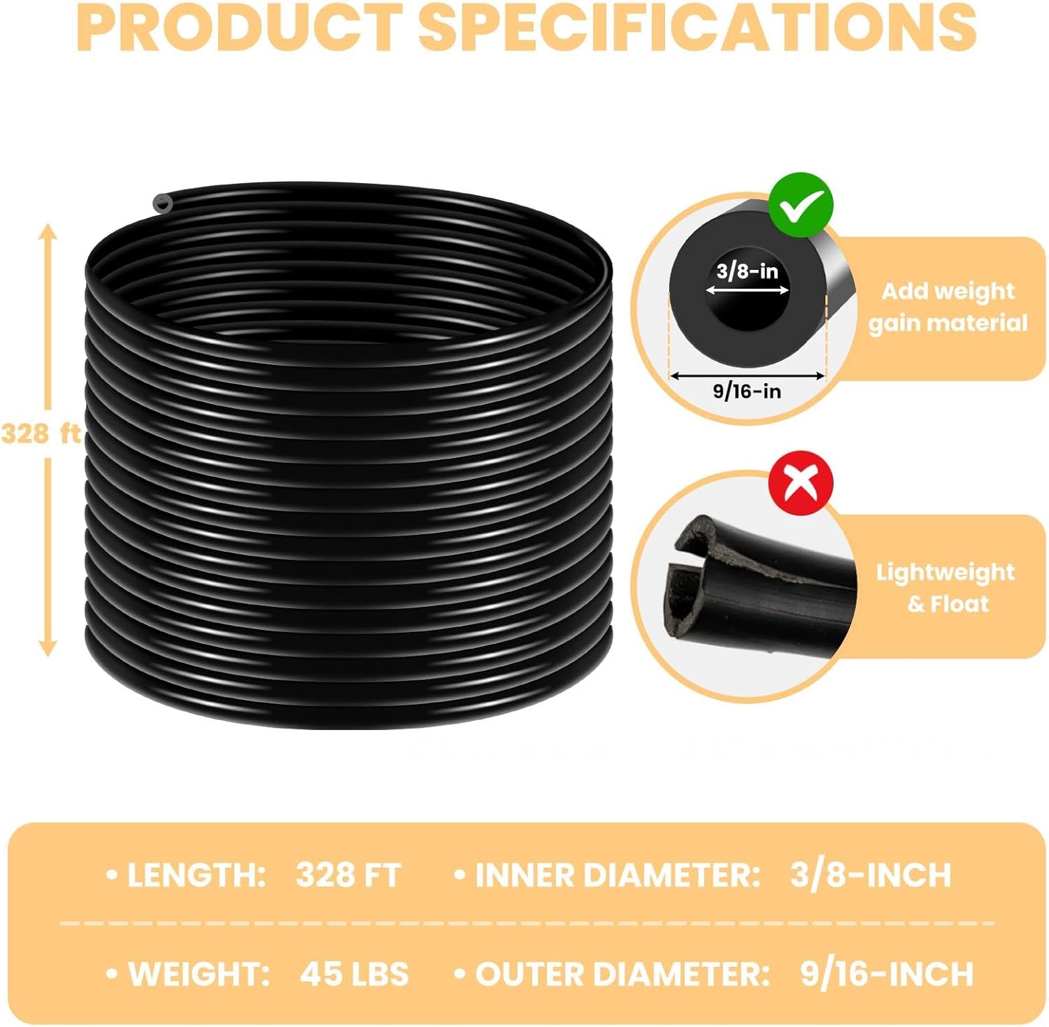 Triple 100FT x 9/16" - Self Sinking Hose with Clamps & Menders for Easy Installation, Pond Aeration Tubing for Your Diffused System, Aerating Fountain, & Surface Aerator Water Circulation