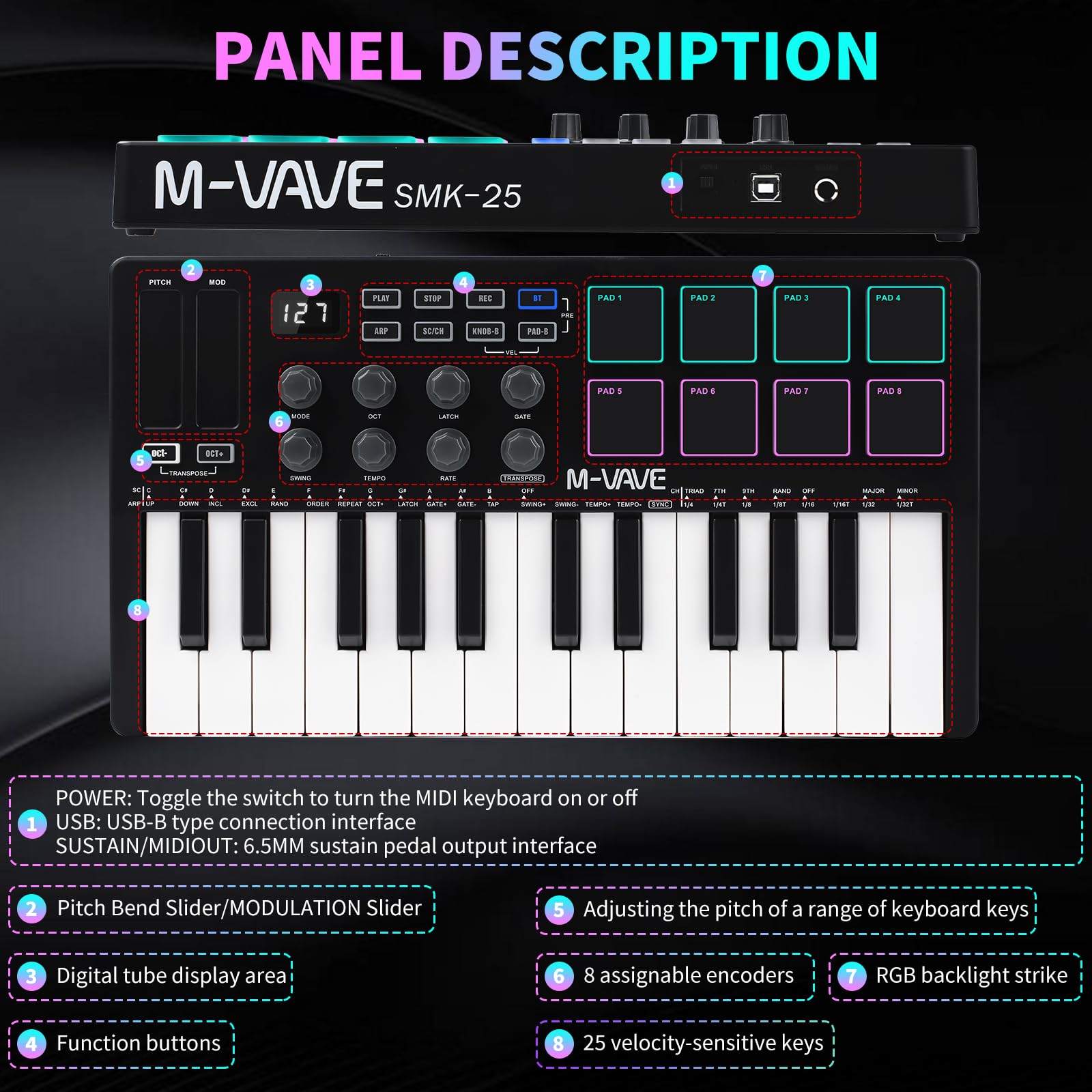 Teclado Controlador Midi, M-VAVE 25 Teclas Táctiles Musik-Arranger Keyboard Mini Midi Electronic Controller Pad SMK-25 Negro y Blanco, Batería Incorporada