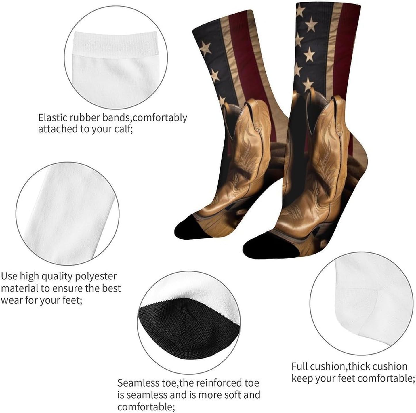 Moisture Wicking Socks, Breathable, Lightweight Crew Sock, Casual | American Flag with Cowboy Boots Work Socks for Women Men, Elastic Soft Boot Socks for Travel, Seamless