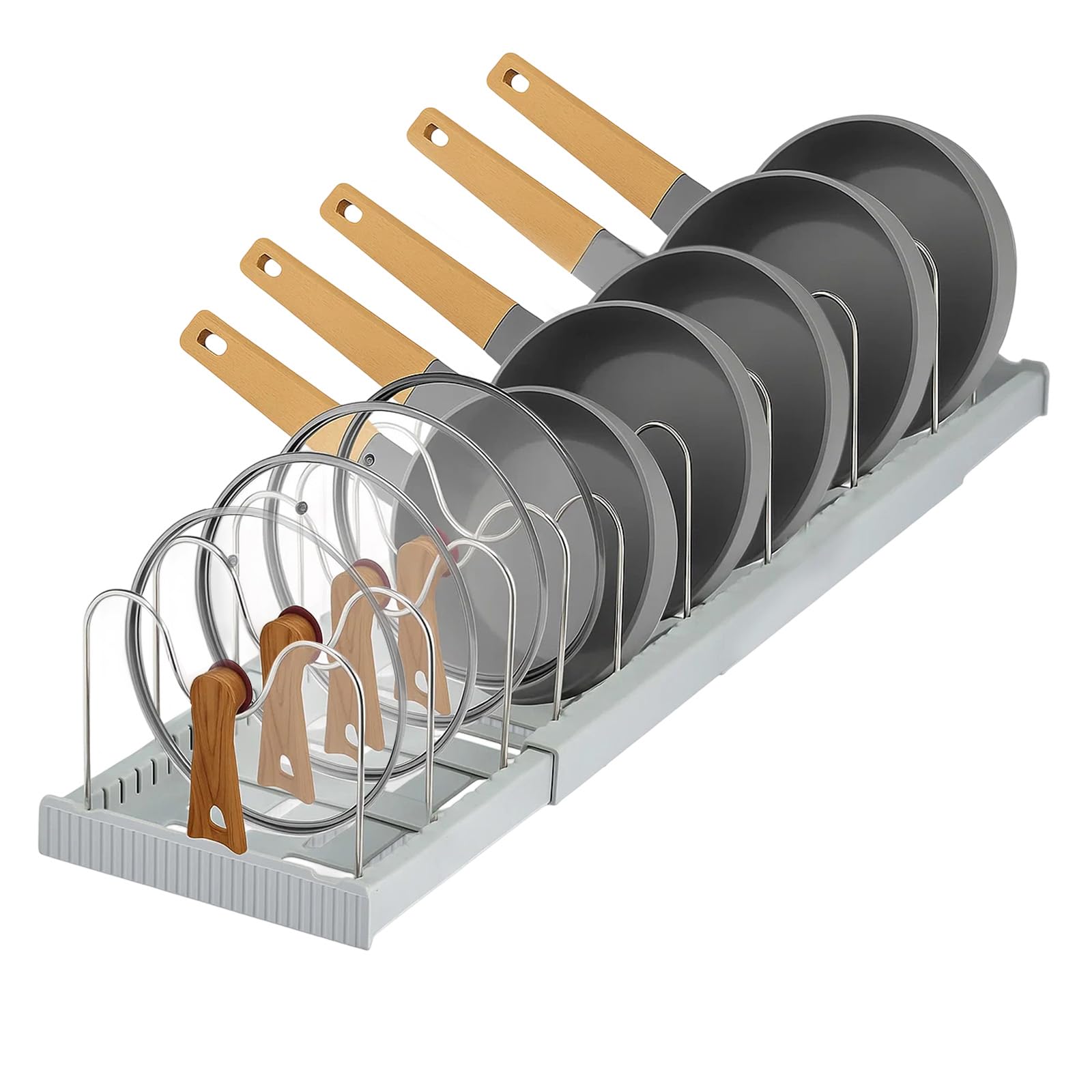 Expandable Pan Lid Organiser Rack 10 Adjustable Dividers, Anti-slip Pantry Cupboard Organiser Kitchen Drawer Bakeware Plate Holders for Pots, Pans, Chopping Board, Saucepan, Baking Trays (10 Tier)
